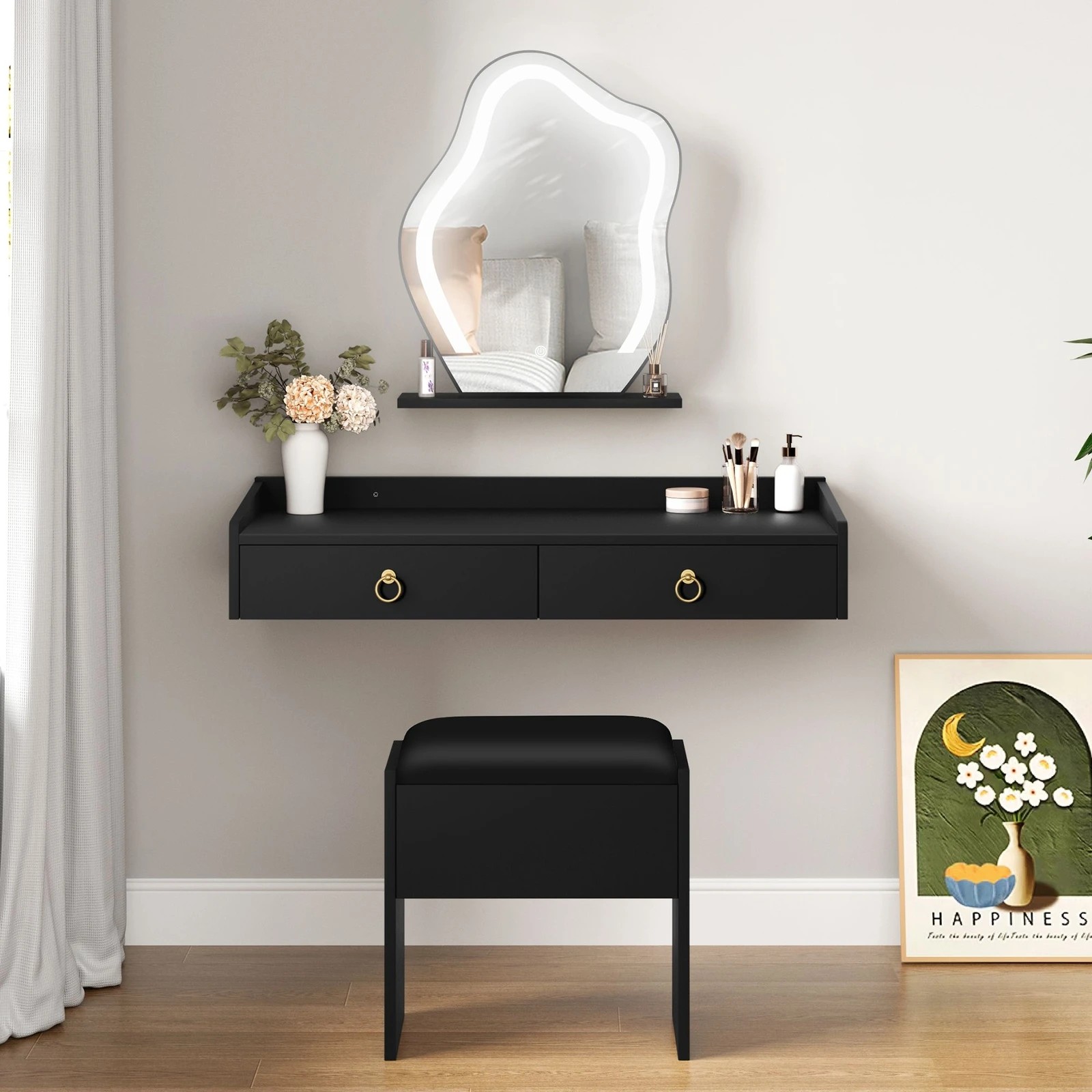 2 Alfordson Dressing Table Stool Set Floating Makeup Mirror LED Vanity Desk - Black, 2 of 10