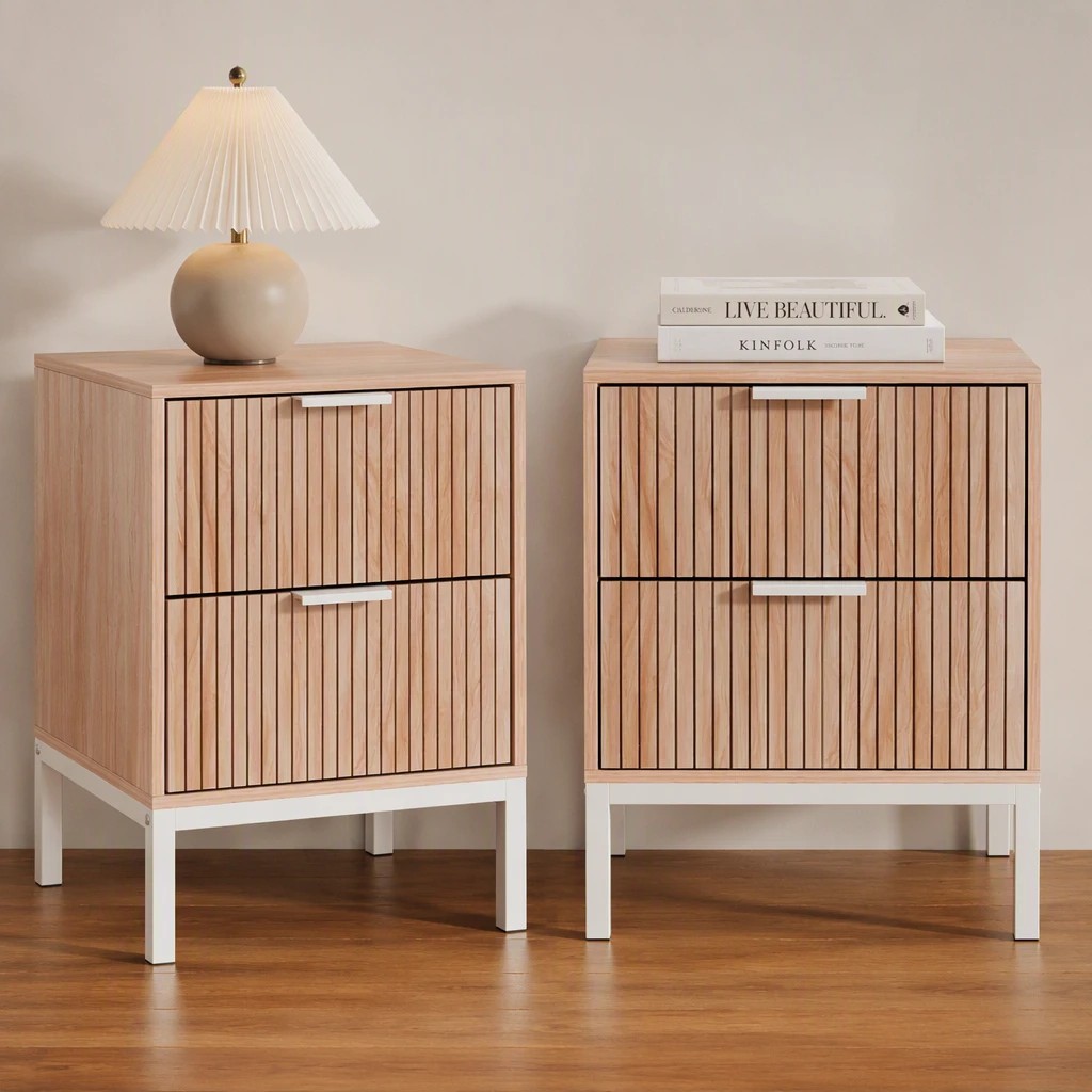 6 Artiss 2X Bedside Table 2 Drawers Storage Nightstand Cabinet Metal Legs Pine - Natural, 6 of 6