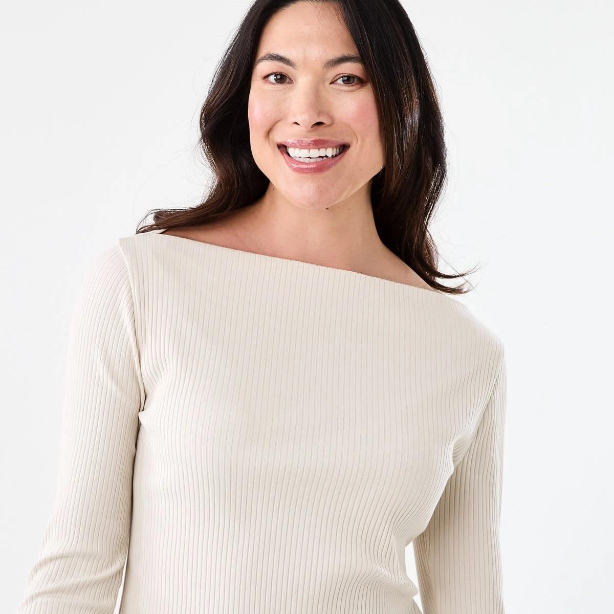 4 Long Sleeve Rib Boat Neck Top Nat Beige, 4 of 5