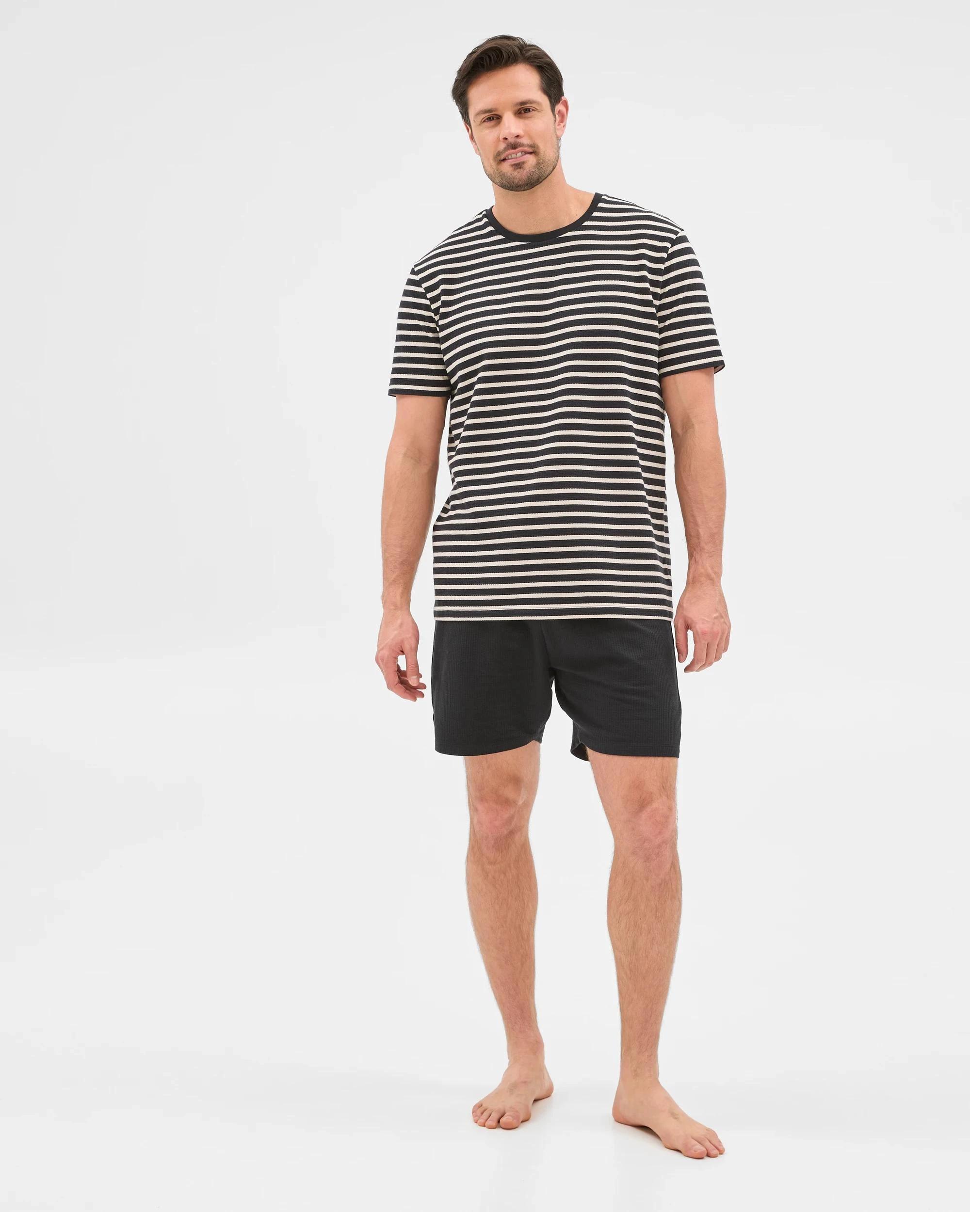 1 Mens Australian Cotton Blend Stripe/Seeersucker Short Pyjama Set - Maxx BLACK/PUMICE STONE STRIPE, 1 of 7