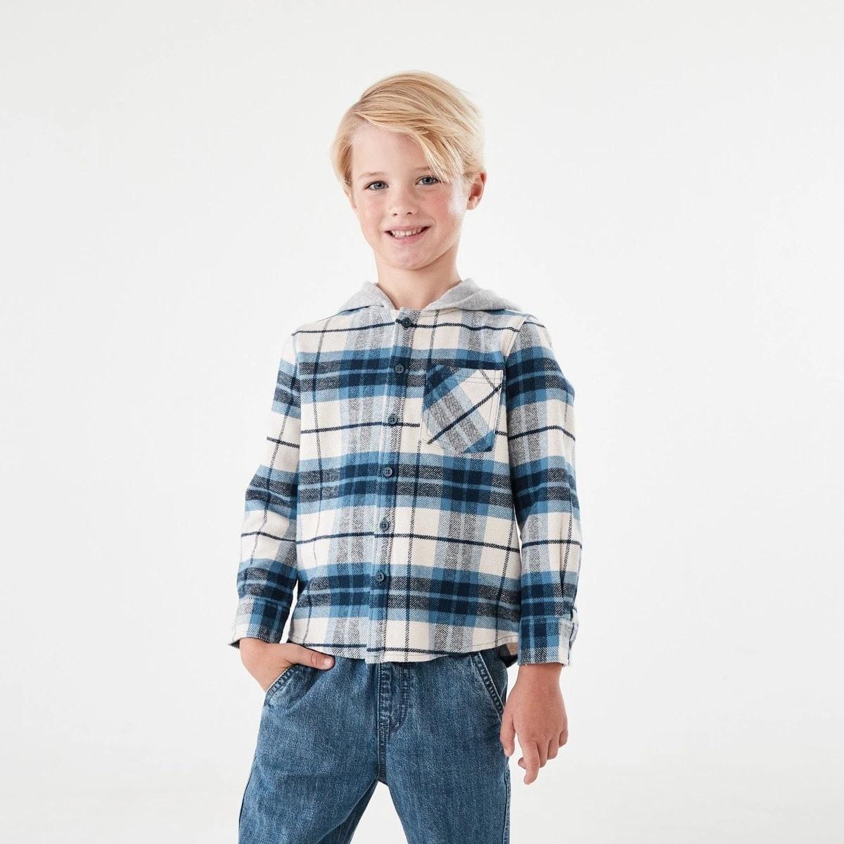 1 Yarn Dye Flannel Shirt With Hood Blu Check, 1 of 9