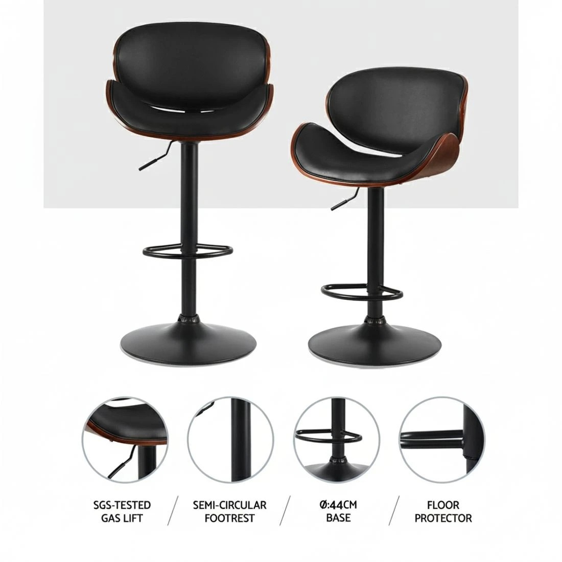 3 Artiss 2x Bar Stools Gas Lift Leather Padded - Black, 3 of 5