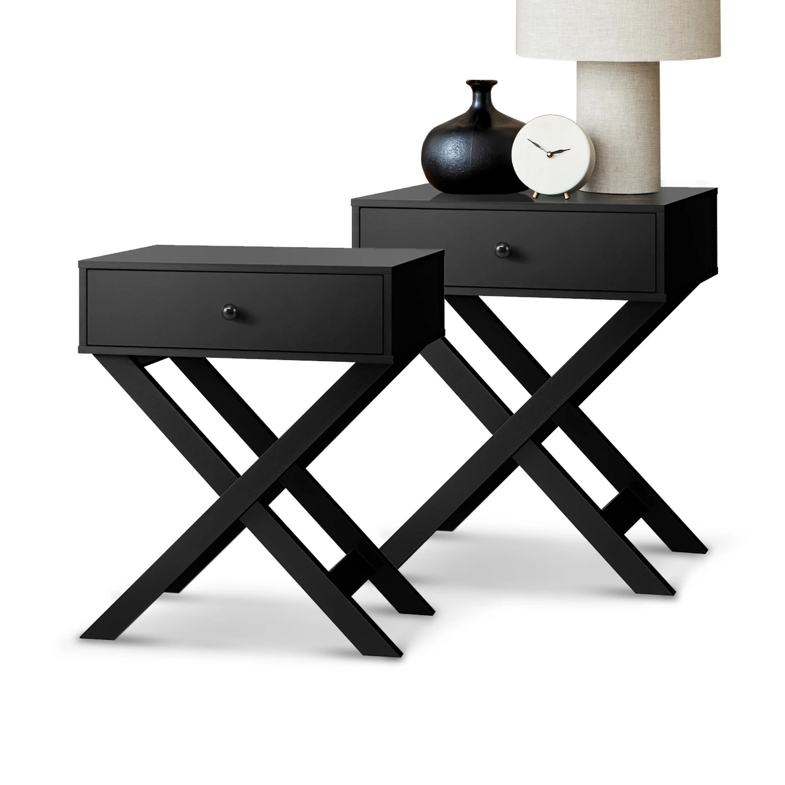 1 Oikiture 2PCS Bedside Table Drawer Side Table Storage Cabinet - Black, 1 of 10