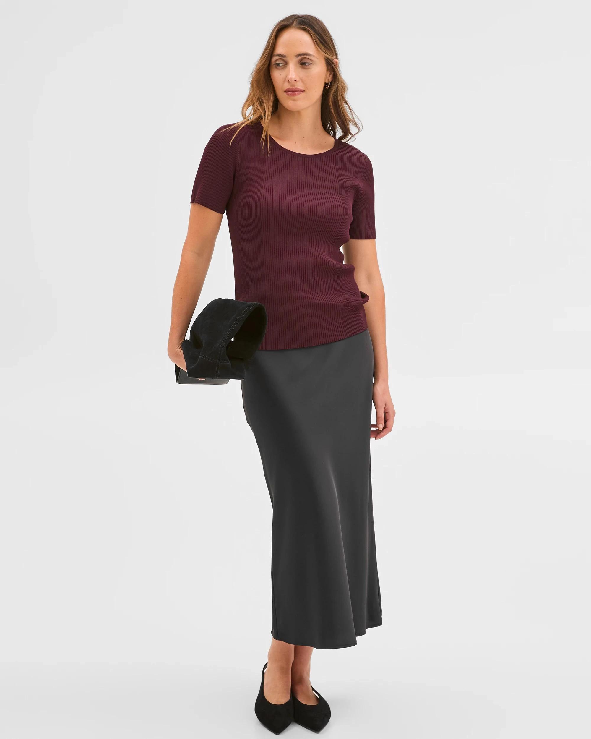 1 Preview Satin Bias Cut Midi Skirt BLACK, 1 of 6