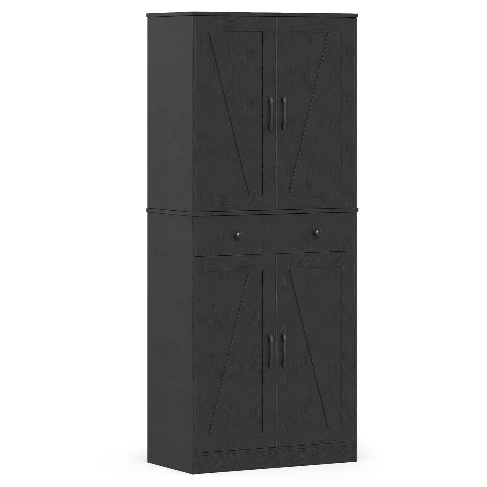 1 Costway 183cm Tall Kitchen Pantry Modern Cupboard Cabinet w/4 Barn Doors - Black, 1 of 3