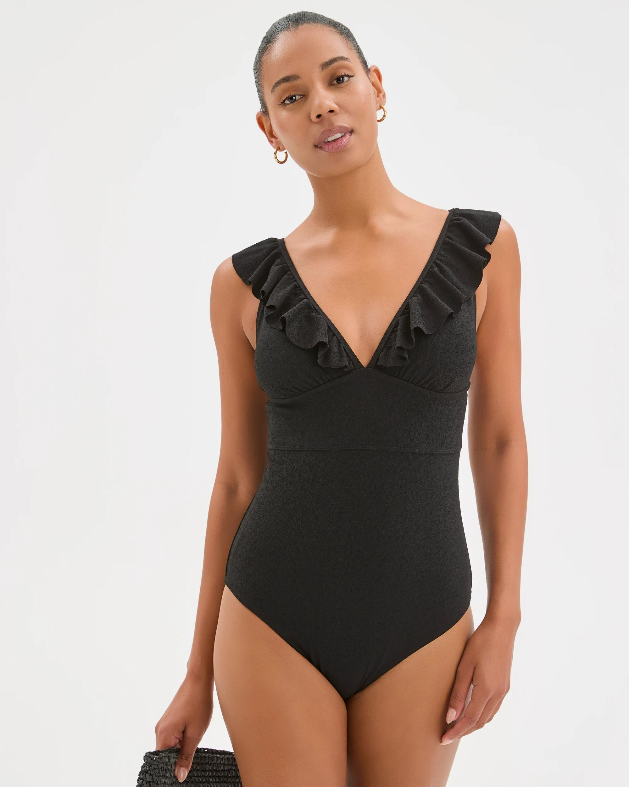 4 Target Woman Shape Your Body Resort V-Neck Frill Soft Textured One-Piece Swimsuit BLACK, 4 of 9