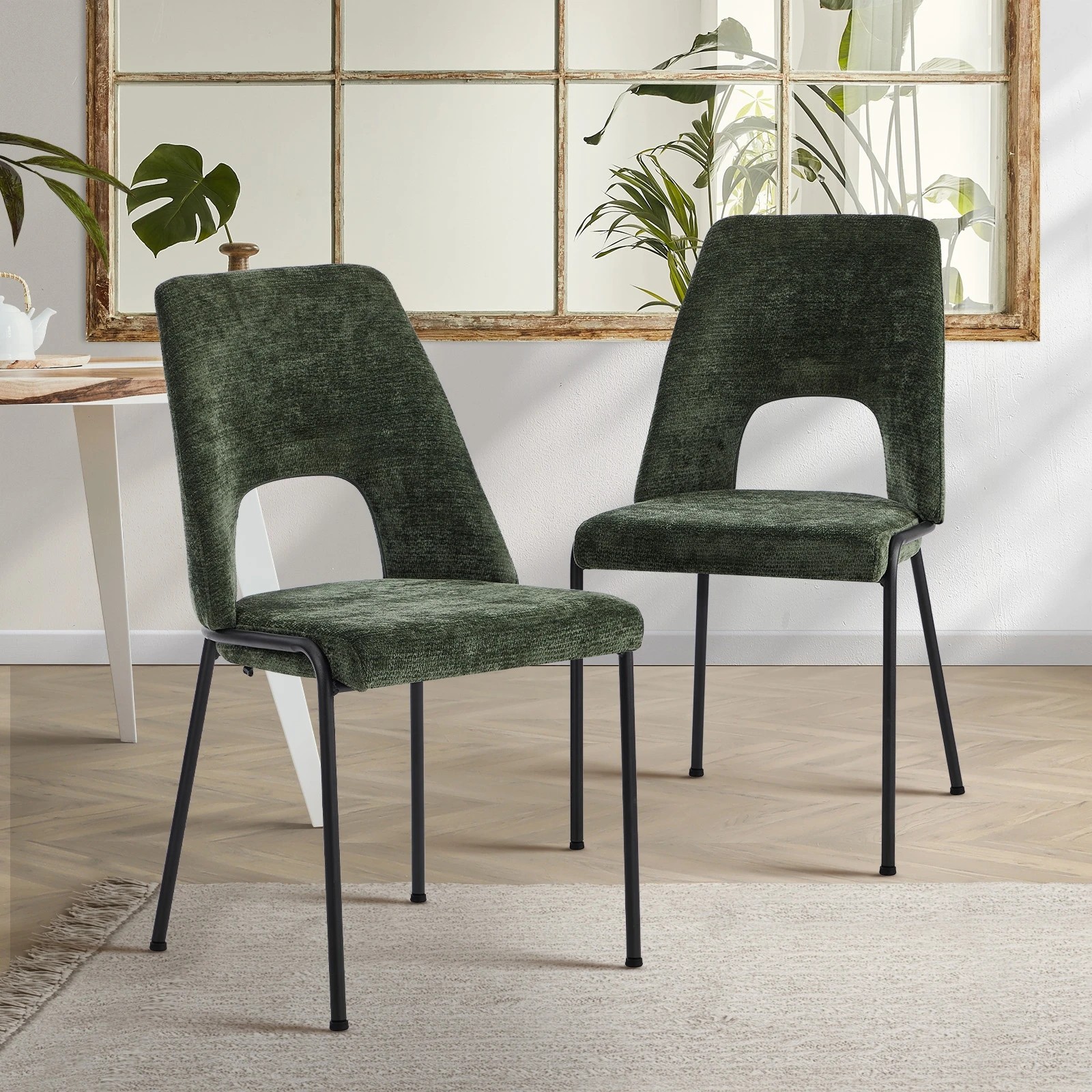 3 Oikiture 2x Dining Chairs Chenille Fabric Kitchen Side Chair - Green, 3 of 9