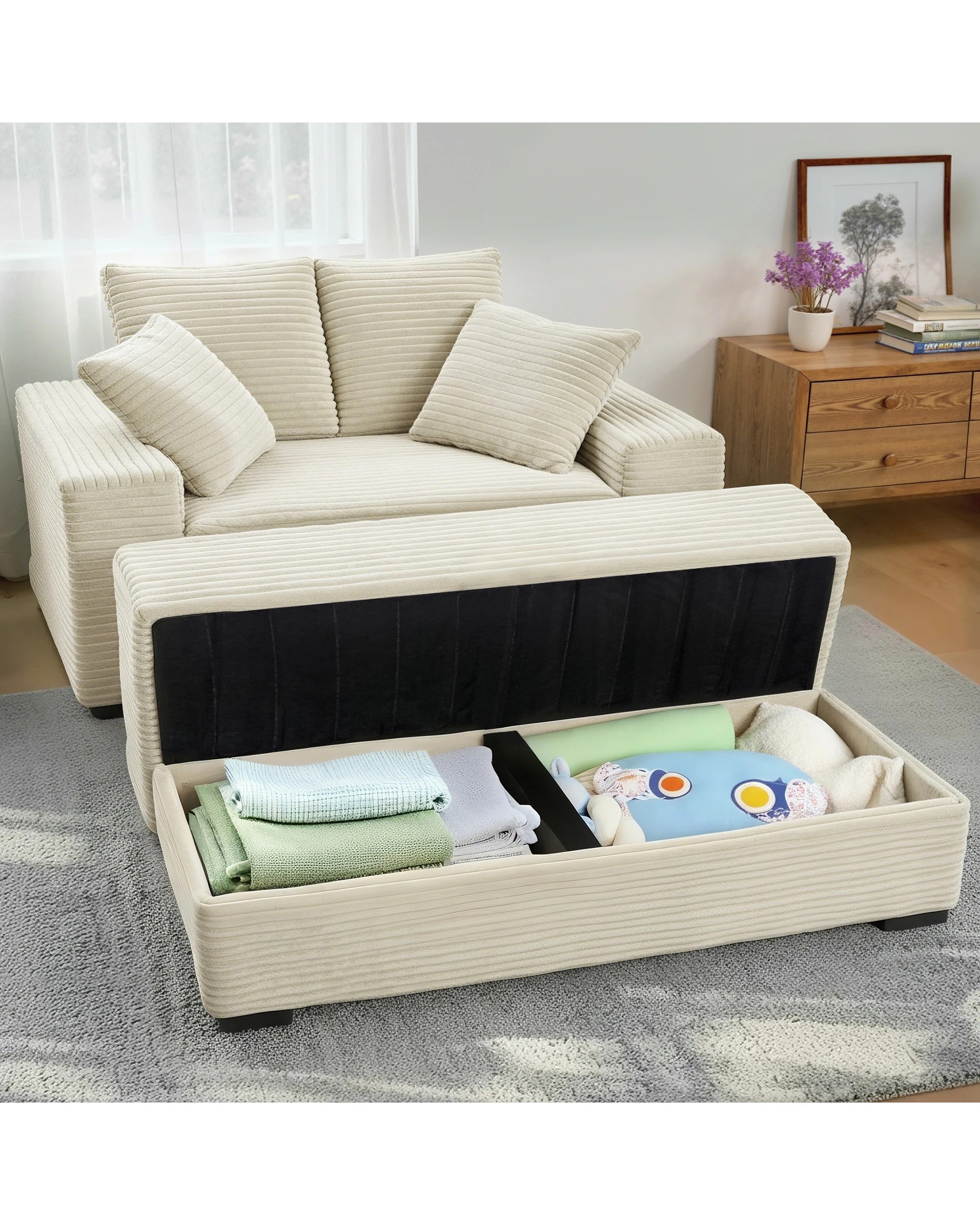 4 Advwin 148cm Chaise Lounge Chair w/ Storage Ottoman Corduroy Cloud Couch Oversized Sleeper Upholstered Sofa Bed, 4 of 9