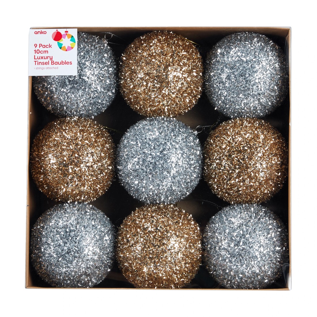 1 9 Pack 10cm Luxury Tinsel Baubles, 1 of 5