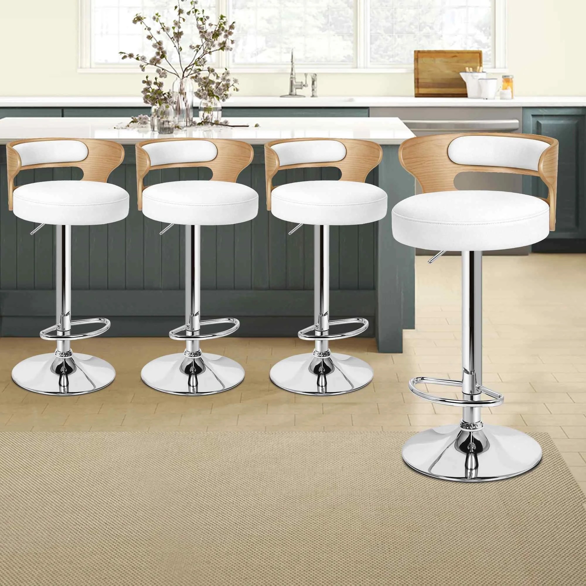 4 Alfordson 2x Bar Stools Kitchen Swivel chair Leather Gas lift - White, 4 of 9