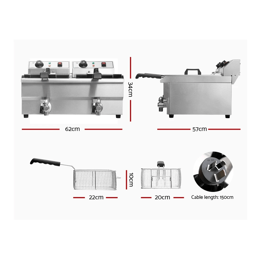 2 Devanti 20L Electric Commercial Deep Fryer Double Baskets Oil Taps 6000W - Silver, 2 of 2