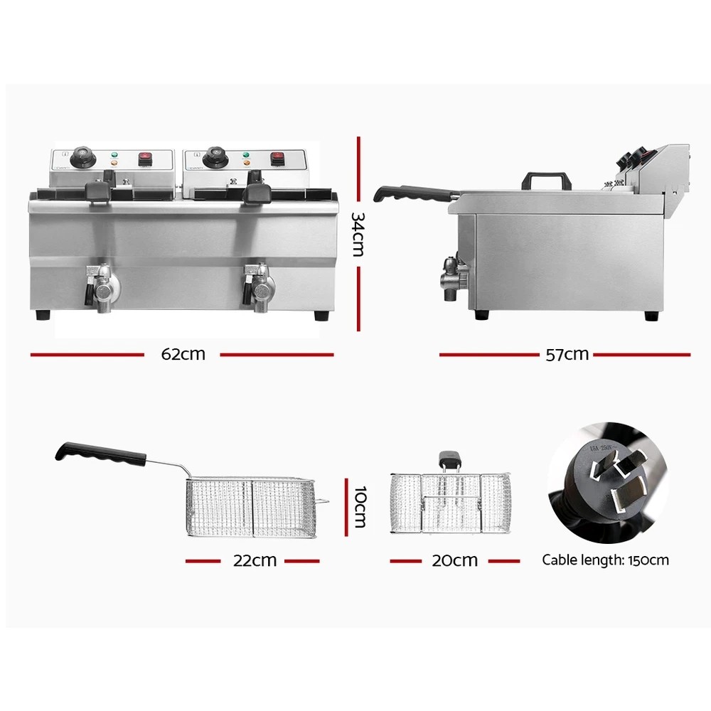 2 Devanti 20L Electric Commercial Deep Fryer Double Baskets Oil Taps 6000W - Silver, 2 of 8