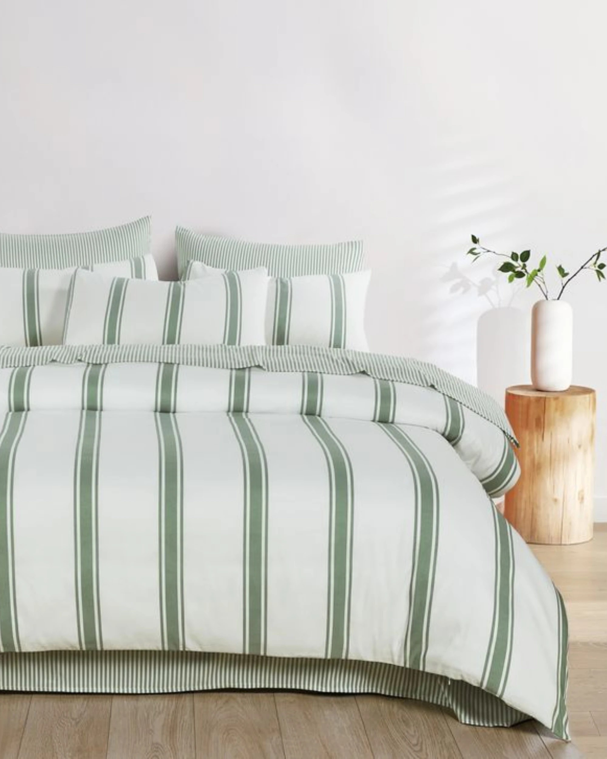 1 CleverPolly Yarn-Dyed Washed Microfibre Quilt Cover Set - King Bed - Wide Stripe Sage Green, 1 of 6
