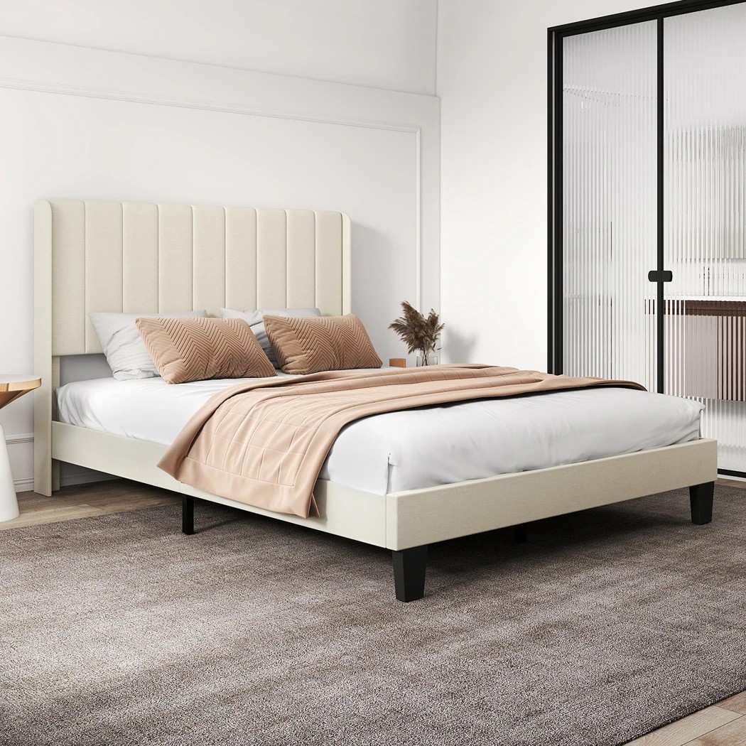 6 Levede Queen Size Bed Frame Upholstered Platform Beige, 6 of 7