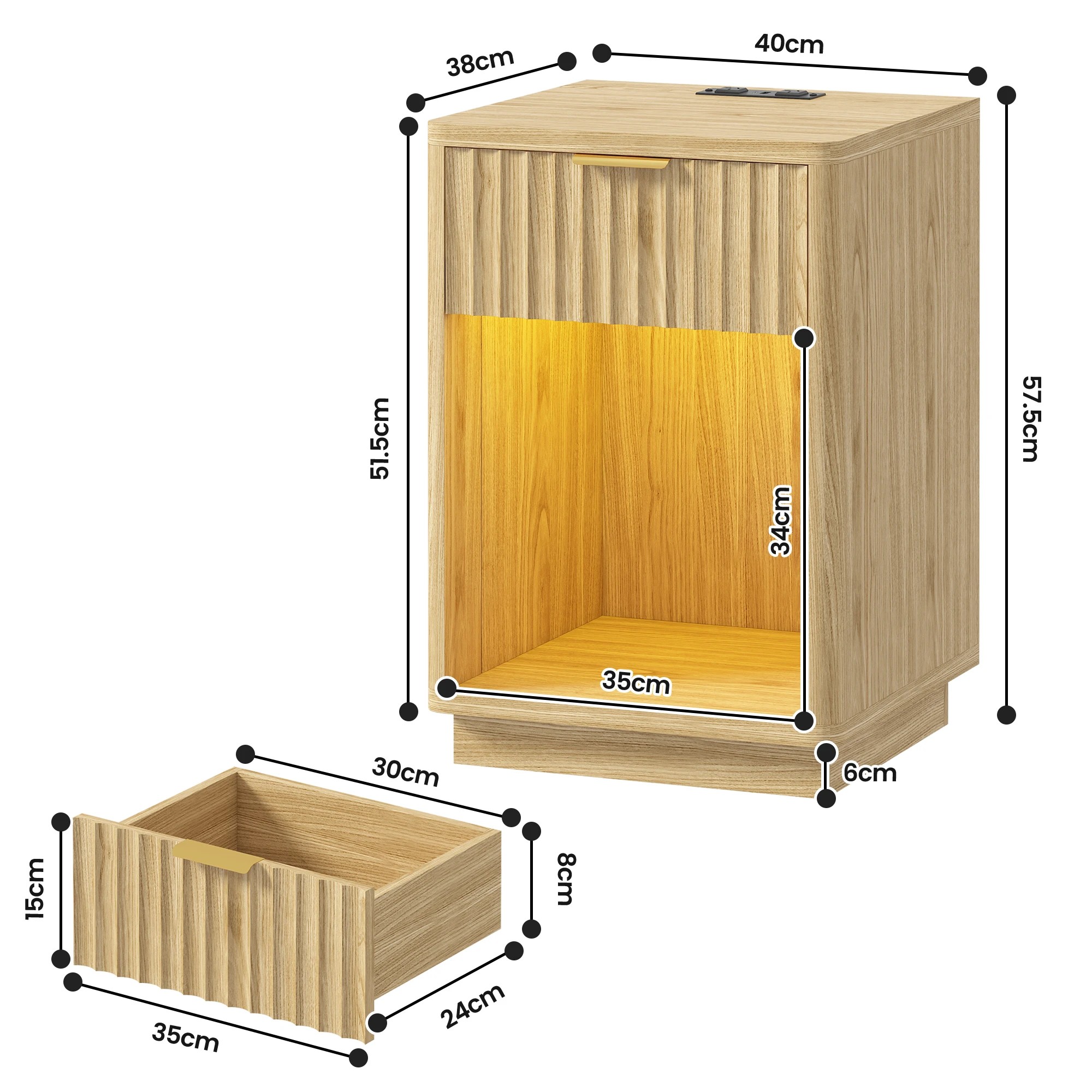 3 Advwin Fluted Wood Bedside Table with LED Light Charging Station Drawer & Shelf - Natural, 3 of 9