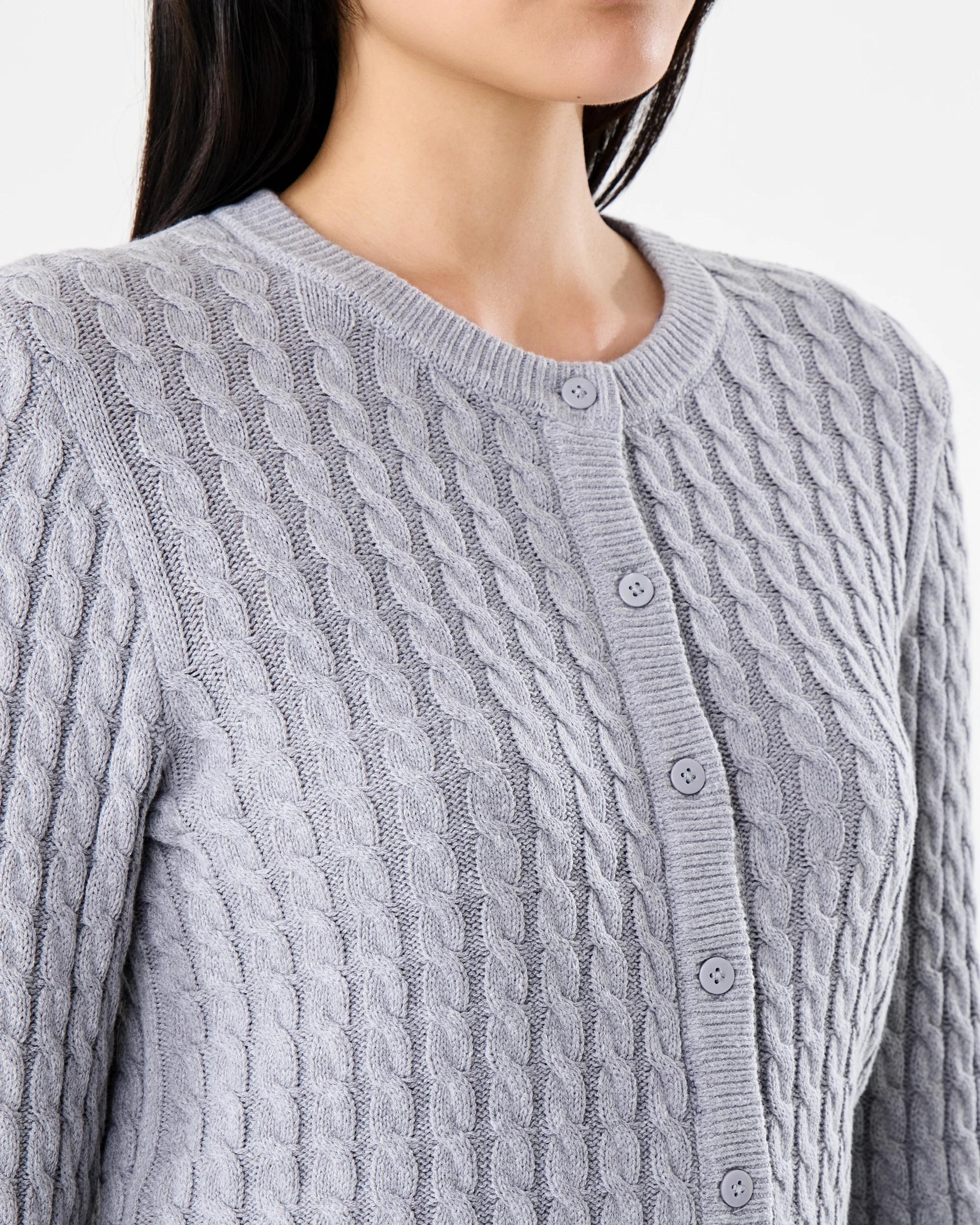 6 Long Sleeve Lightweight Cable Cardigan Grey Marle, 6 of 7