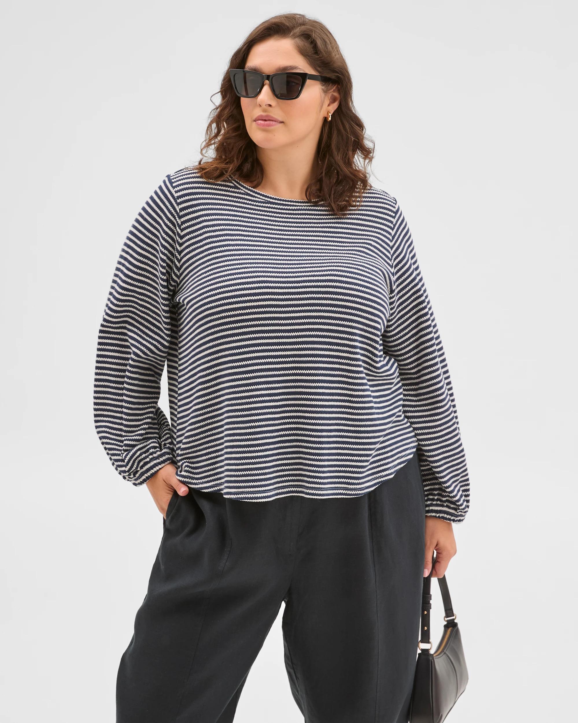 1 Target Curve Plus Size Australian Cotton Long Sleeve Stripe Textured Top NAVY BLAZER/CLOUD DANCER, 1 of 6