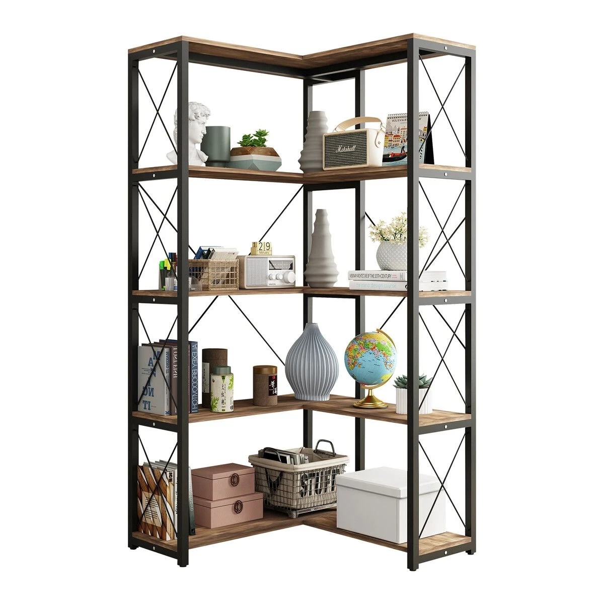 1 LUXSUITE Bookshelf Display Corner Shelf 4 Tier Metal Black, 1 of 5