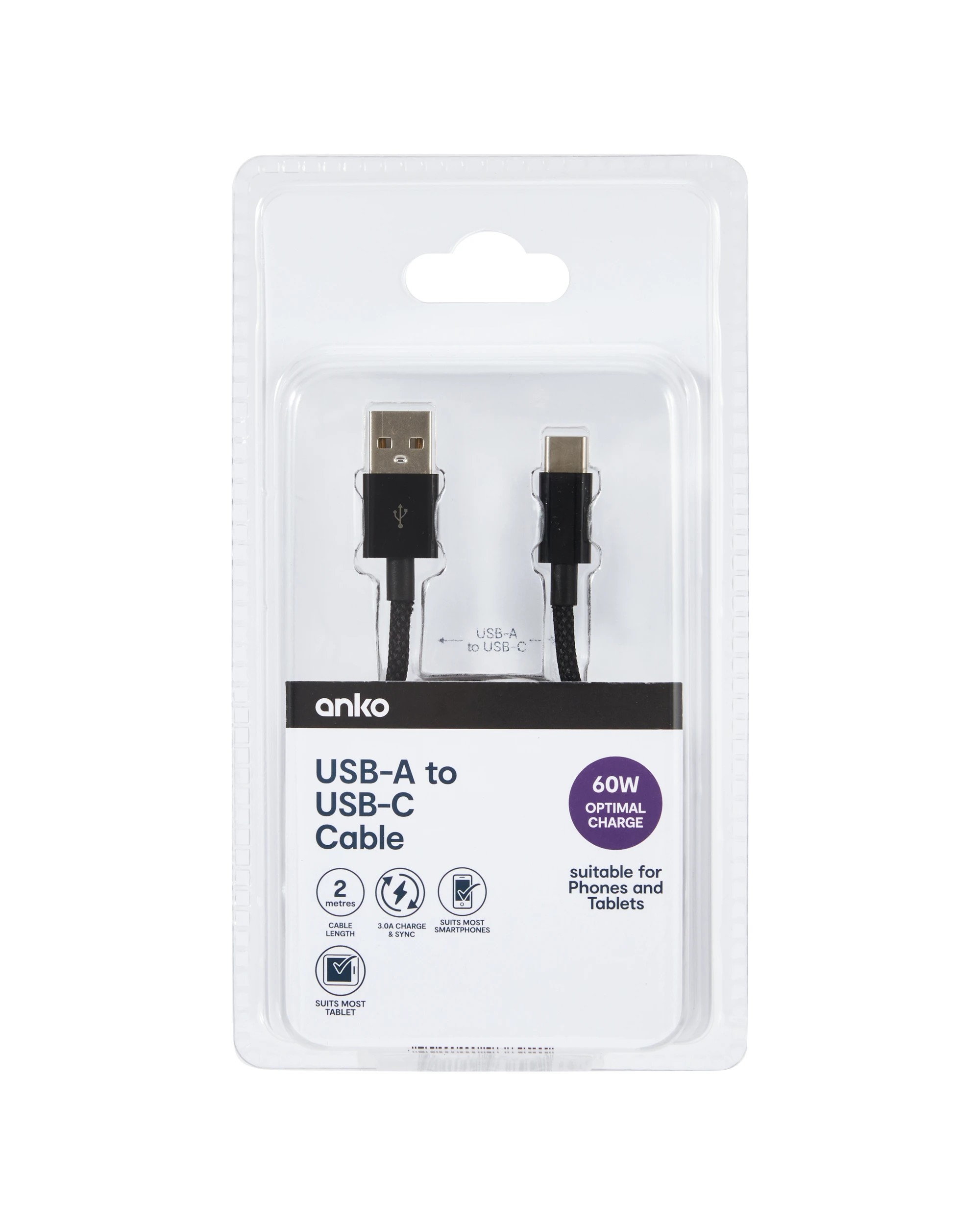 4 2m USB-A to USB-C 60W Braid Cable - Black, 4 of 5