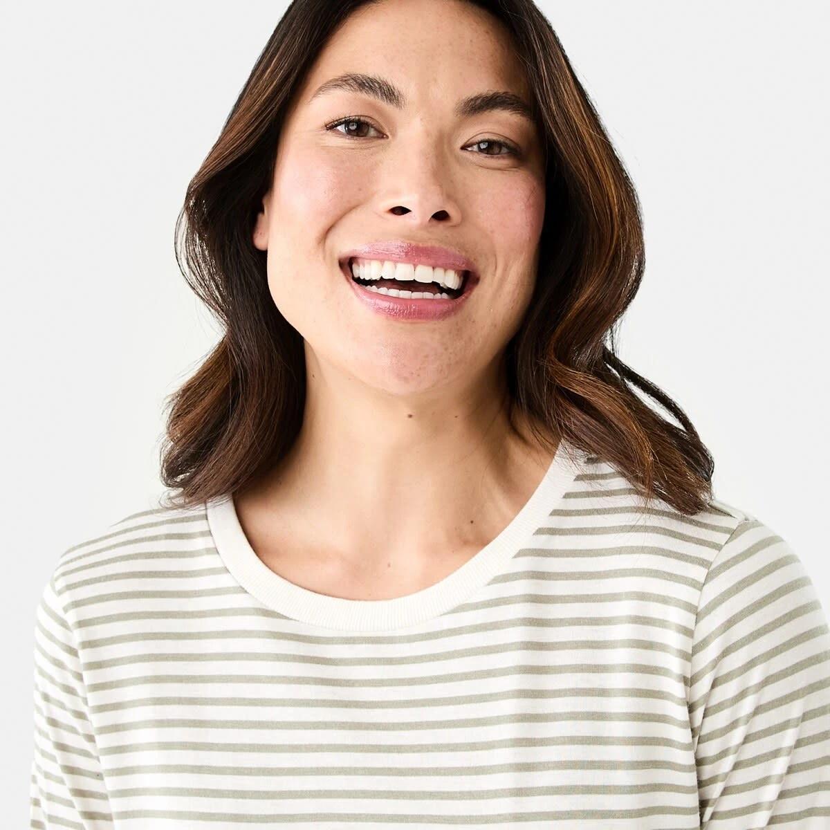 4 Long Sleeve Cotton Modal T-shirt 2 TONE STRIPE STRIPE SOFT KHAKI, 4 of 6