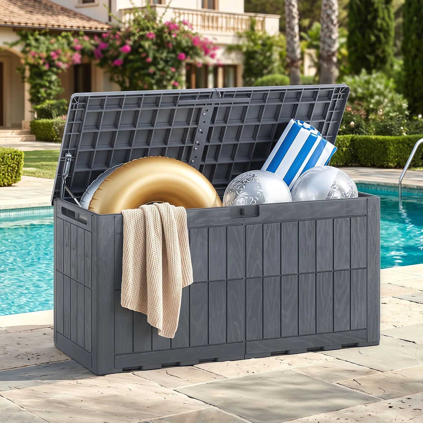 3 Costway 380L Outdoor Deck Box Patio Bench All-Weather Storage Bin w/Handles - Grey, 3 of 6