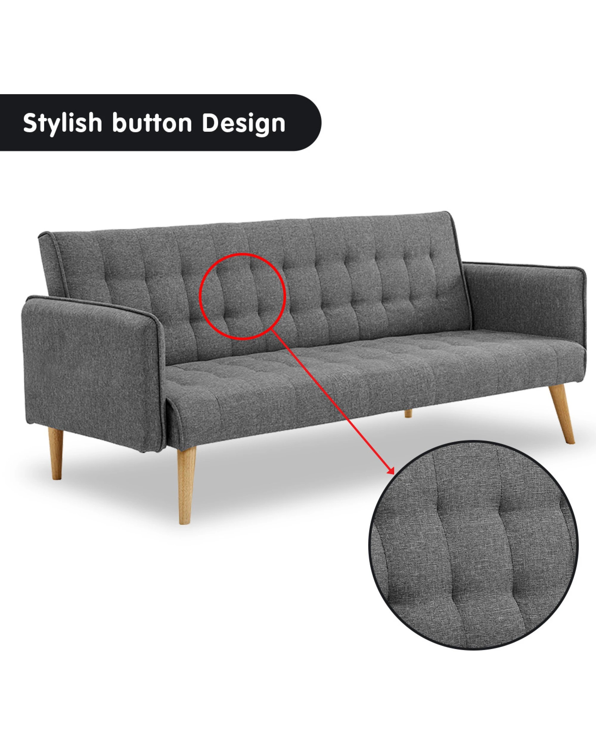 9 Sarantino 3 Seater Modular Linen Fabric Sofa Bed Couch Armrest - Grey, 9 of 9