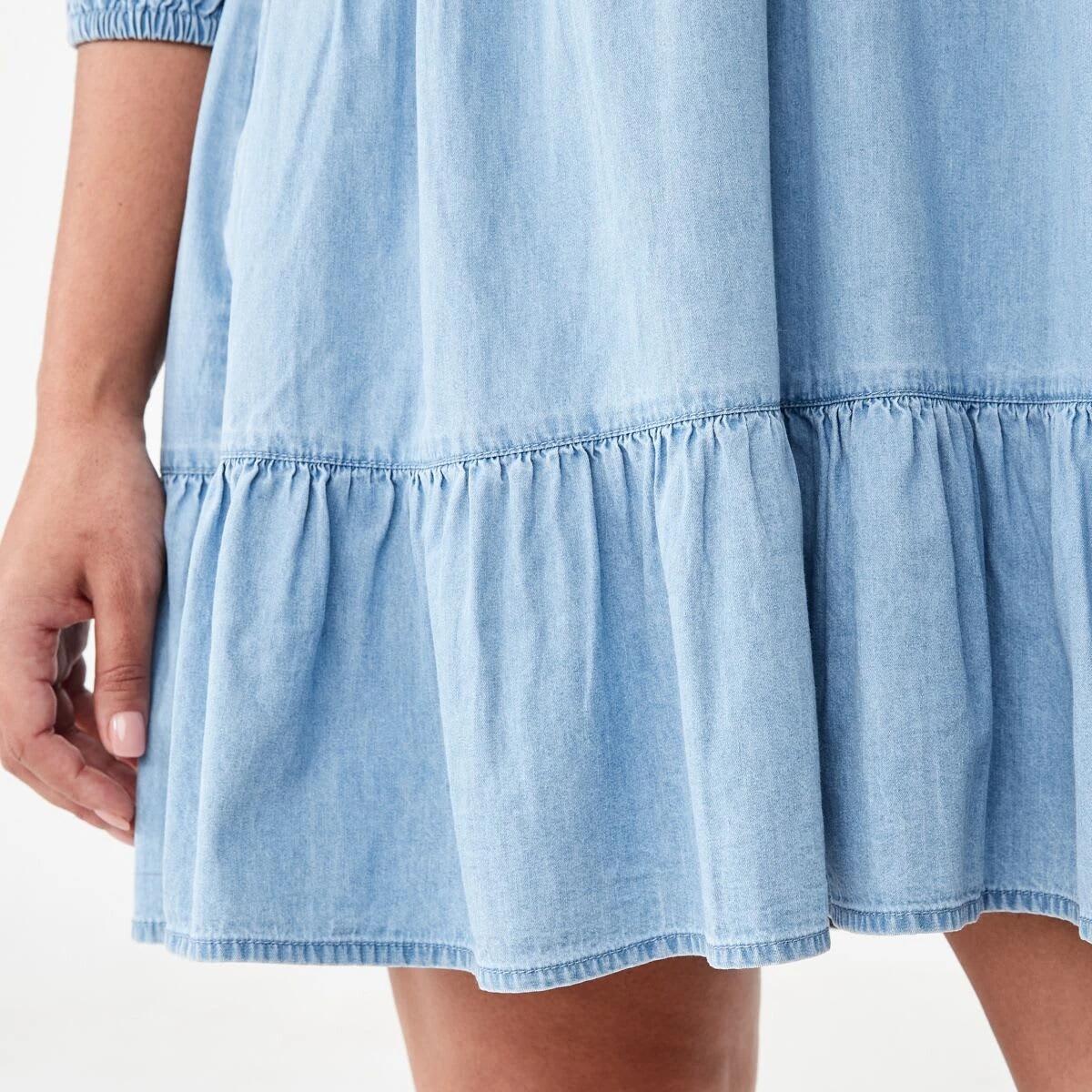 6 3/4 Balloon Sleeves Tie Front Mini Dress Light Wash, 6 of 7