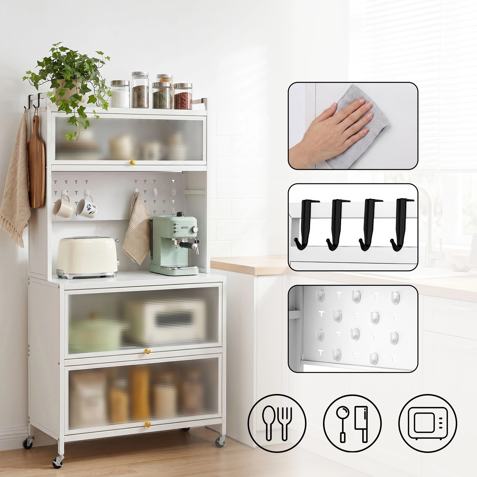 6 Artiss 80CMX164CM Kitchen Cabinet Storage Shelves Pegboard Pantry Cupboard Buffet Sideboard Flip Doors - White, 6 of 10