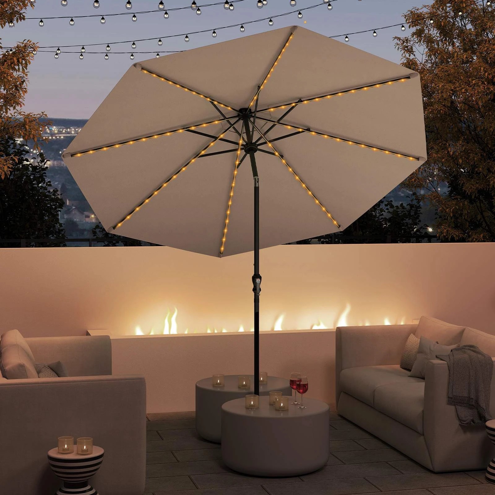 1 Costway Solar Patio Umbrella w/LED Lights Tilt Adjustment - Brown, 1 of 1