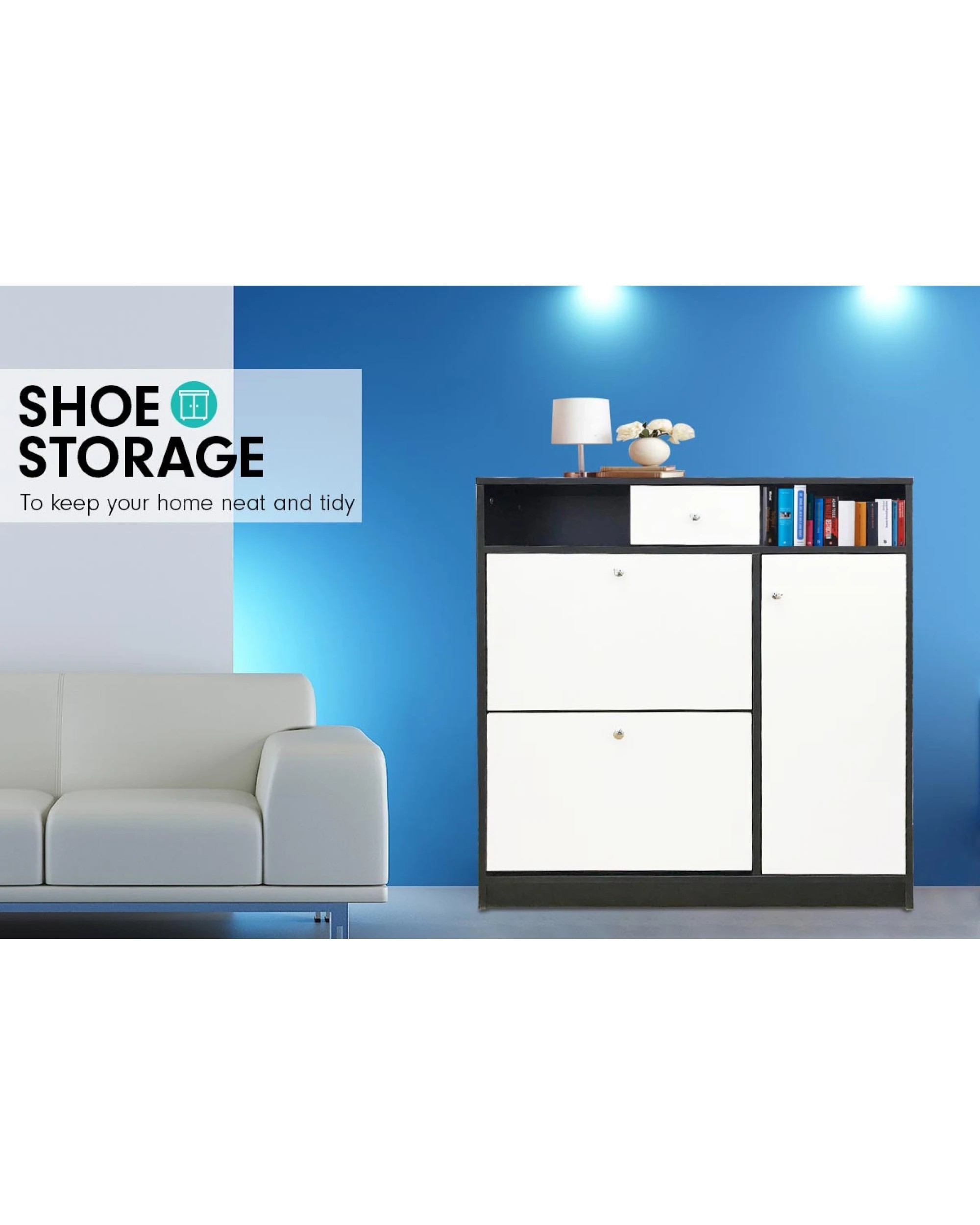 6 Sarantino Shoe Rack Cabinet Wooden Storage Organiser Shelf Cupboard Drawer, 6 of 7