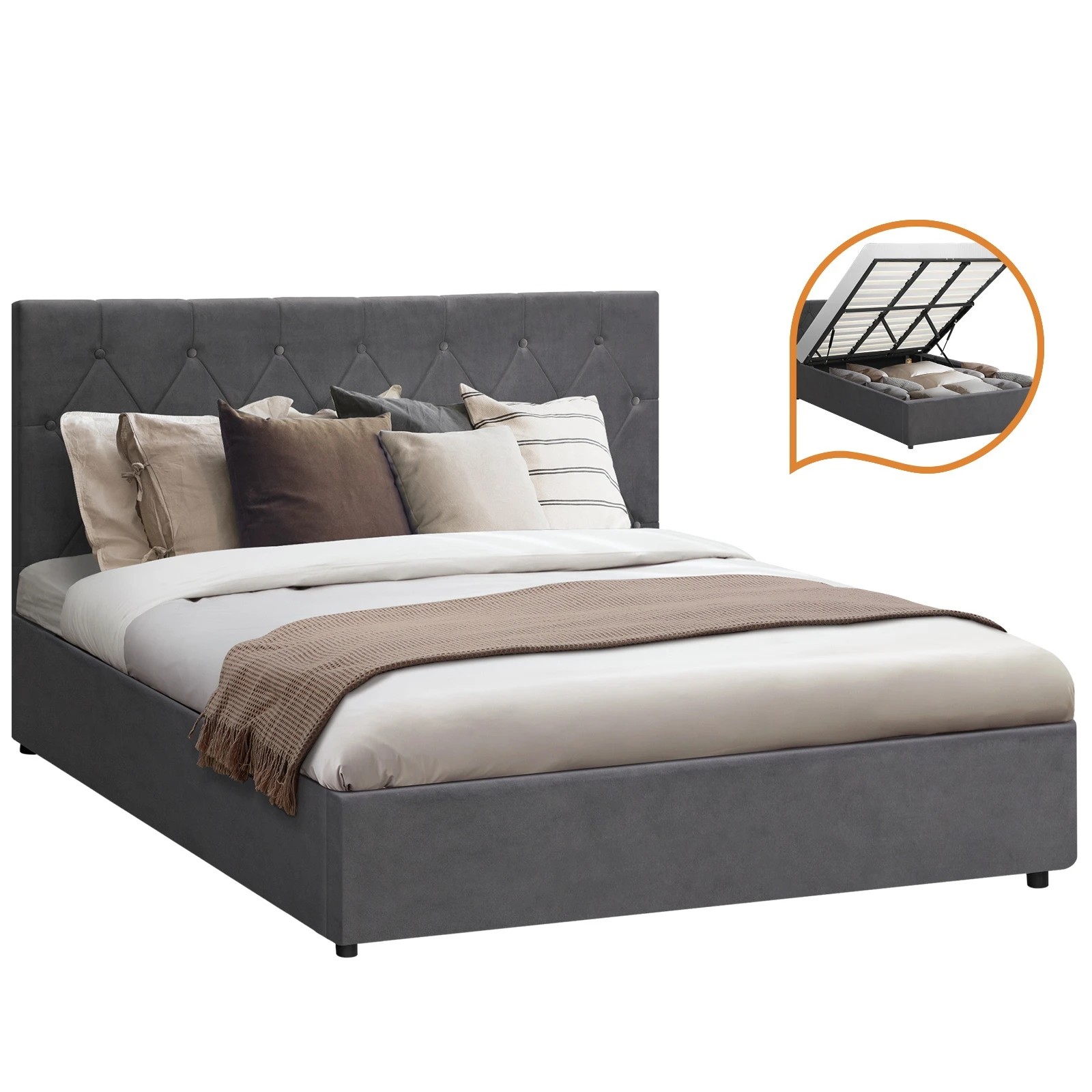 1 Oikiture King Bed Frame With Gas Lift Storage Base Velvet
 - Grey, 1 of 10