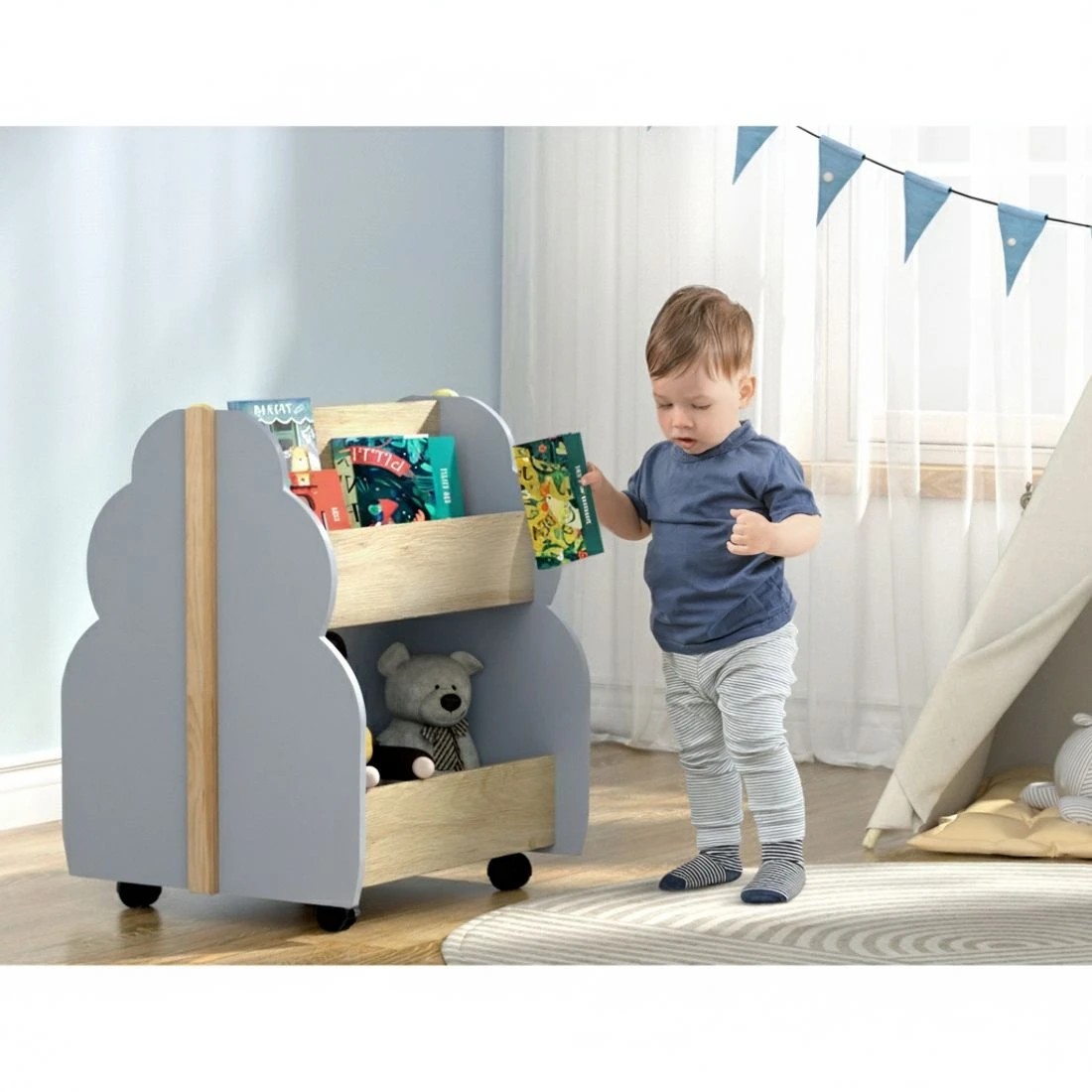 3 Keezi Kids Toy Box Bookshelf Storage Bookcase Organiser Display Shelf - Grey, 3 of 5