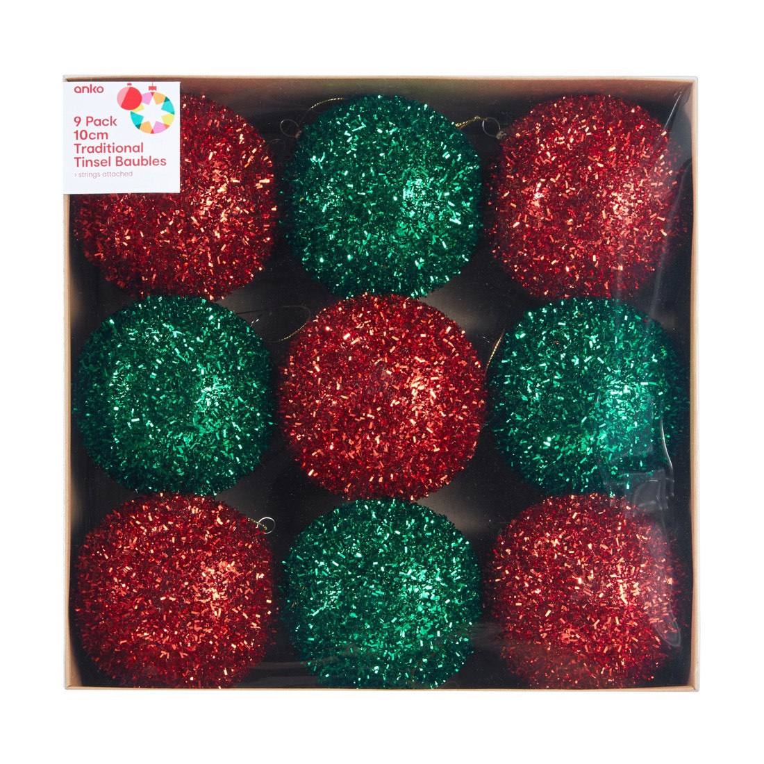 1 9 Pack 10cm Traditional Tinsel Baubles, 1 of 5