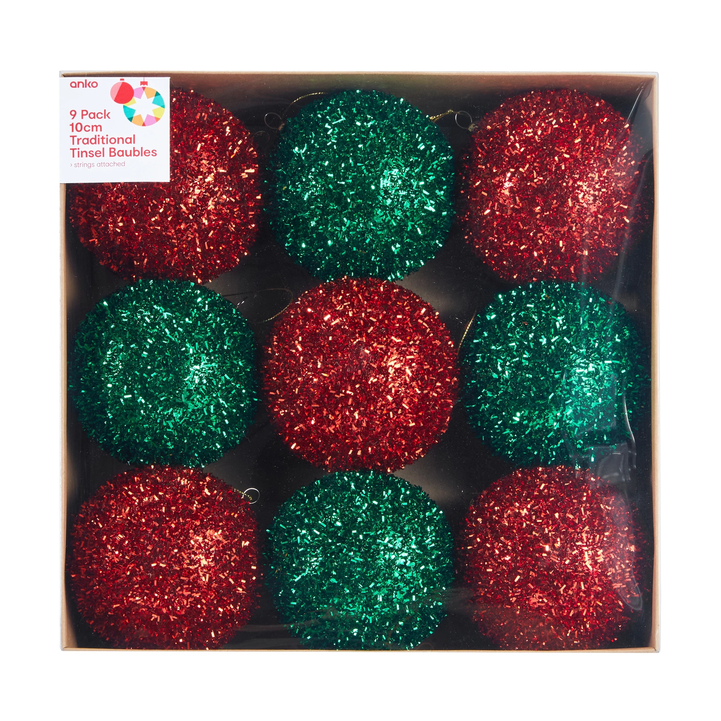 1 9 Pack 10cm Traditional Tinsel Baubles, 1 of 5