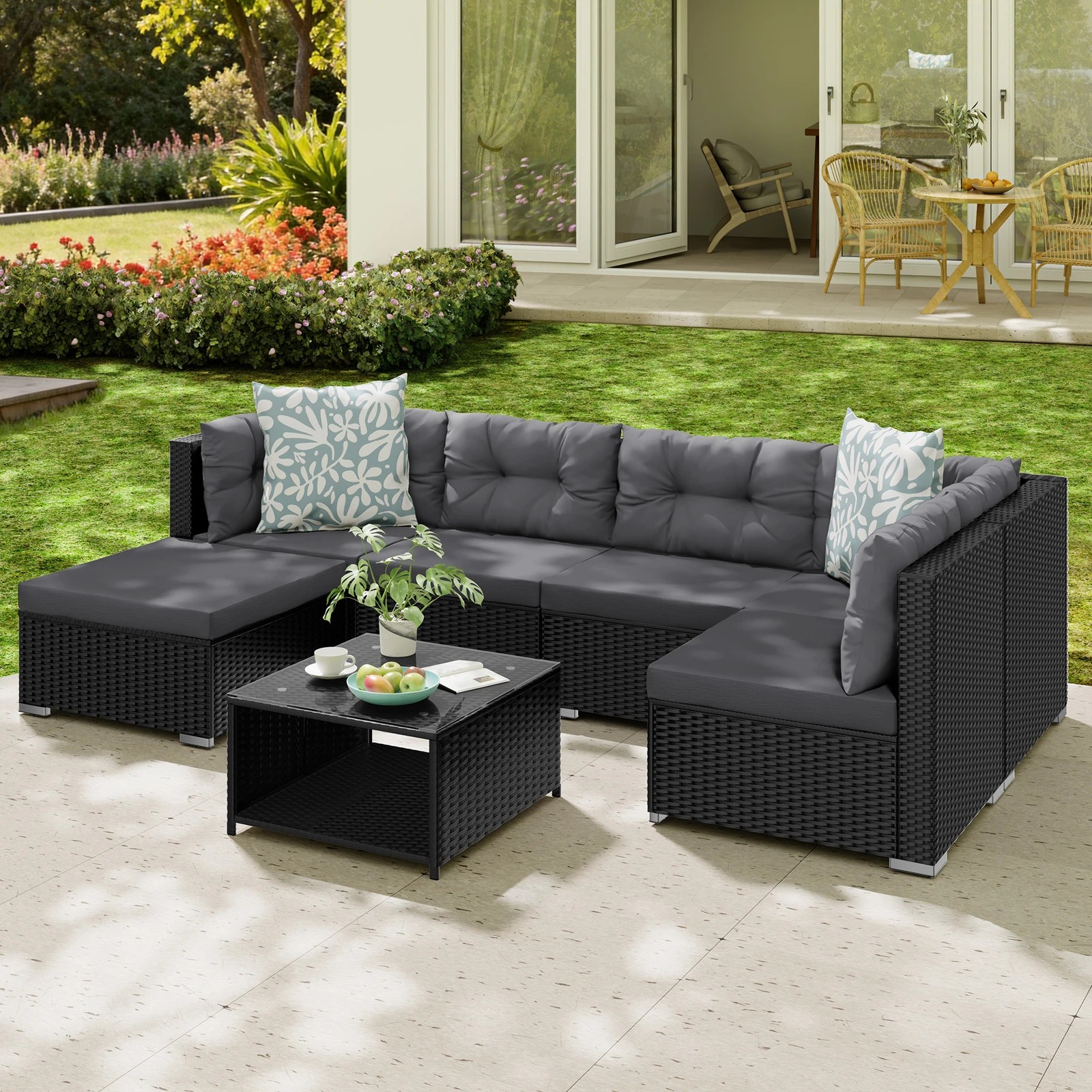 9 Alfordson 6 Seater Outdoor Lounge Setting 7PCS Sofa Set Furniture Patio - Black, 9 of 10