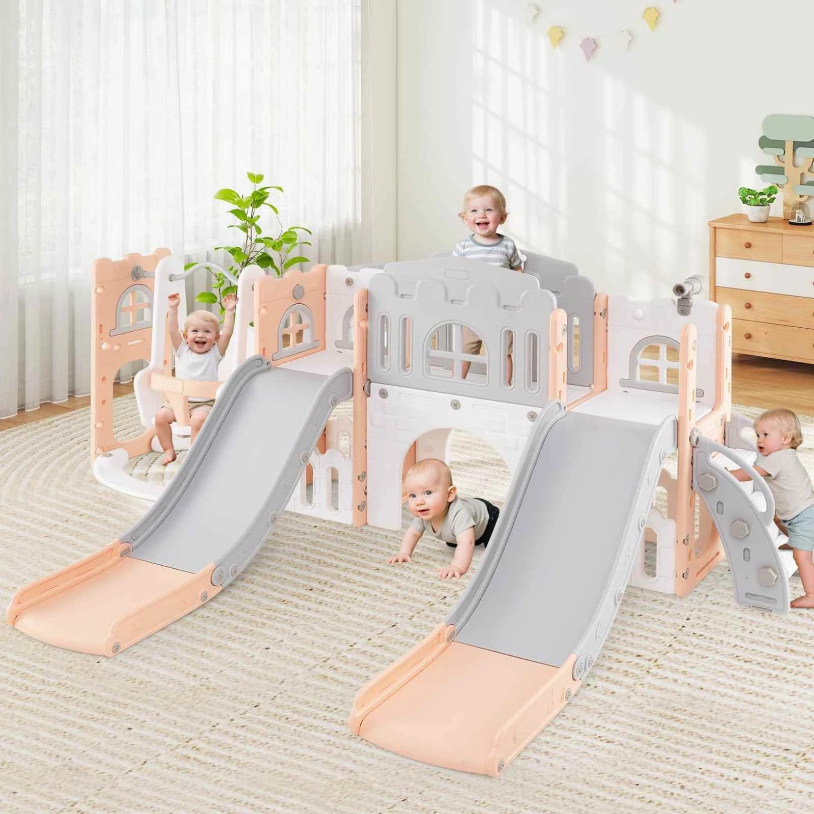 2 Costway 174cm 10 in 1 Kids Slide Swing Set w/Basketball Hoop Double Slides Indoor Playground - Pink, 2 of 2