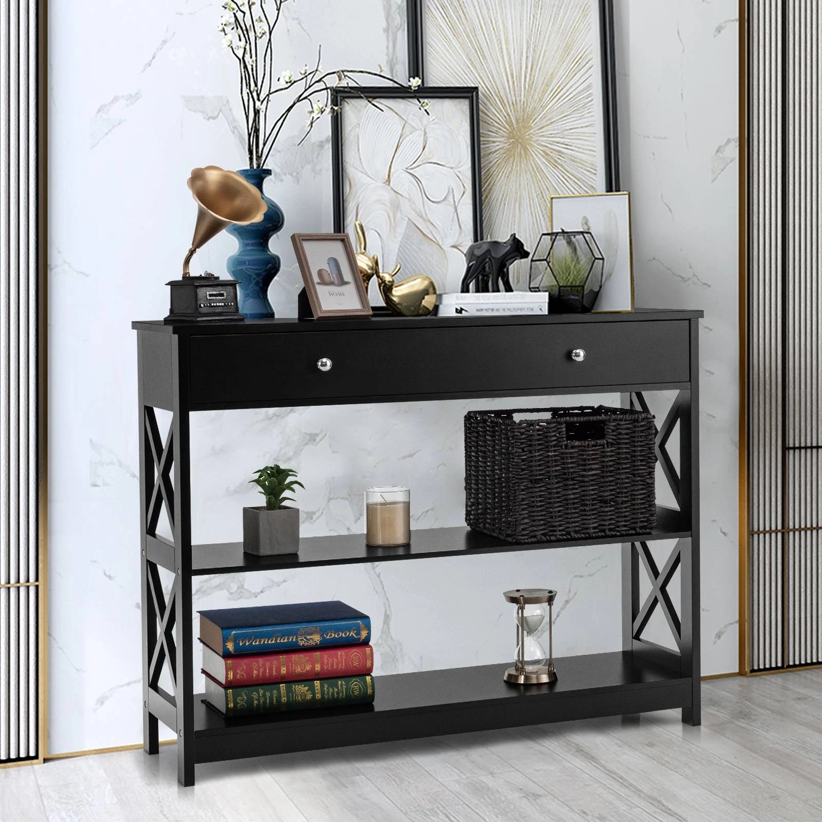 3 Costway 3-Tier Console Table w/Drawer Display Table - Black, 3 of 6