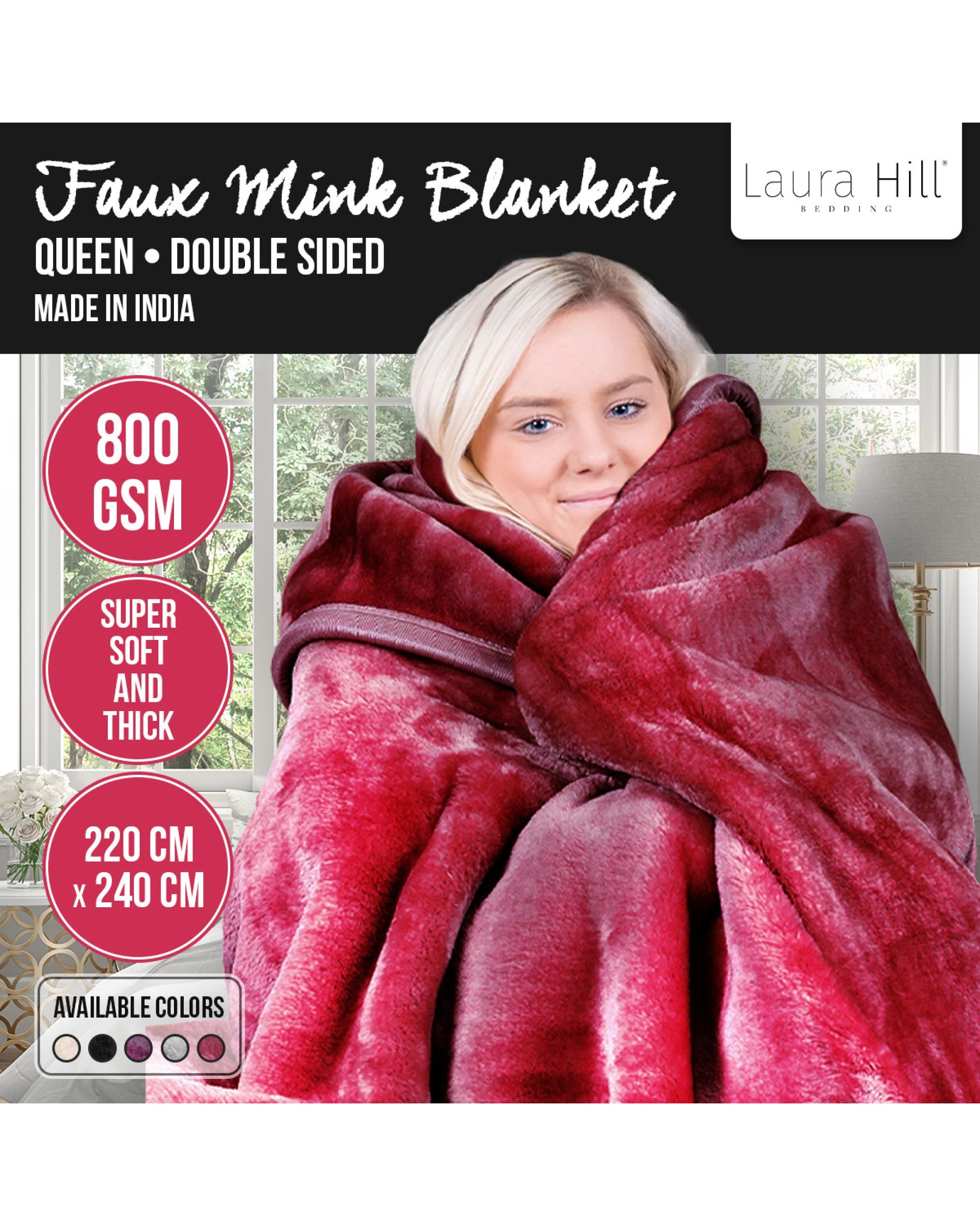 7 Laura Hill 800-gsm Mink Blanket Queen Size Double-sided Soft Plush Bed Faux Throw Rug Red
 - Queen Bed, 7 of 7