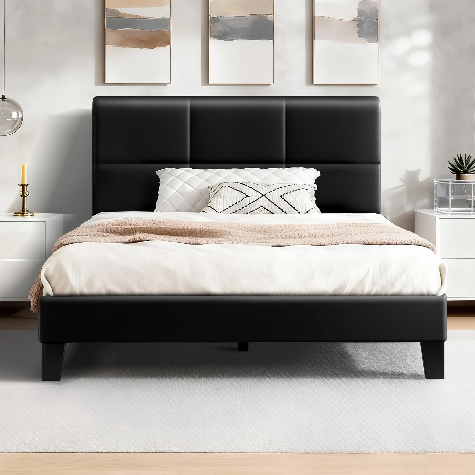 2 Alfordson Bed Frame Single Size Wooden Slats Platform Leather Paula - Black, 2 of 9