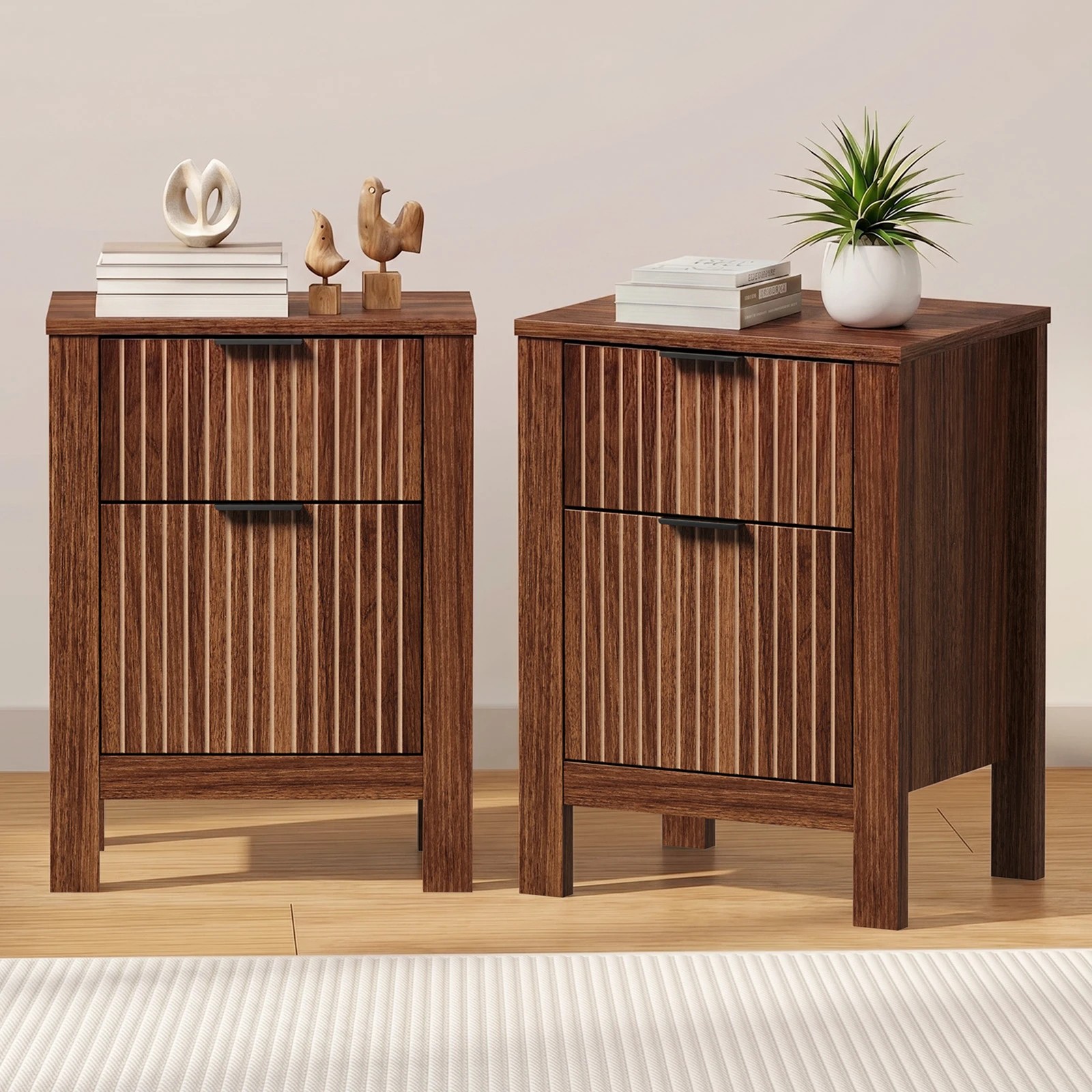 3 Oikiture 2pc Modern Bedside Table Nightstand Drawer Shelf Door Cabinet - Natural, 3 of 9