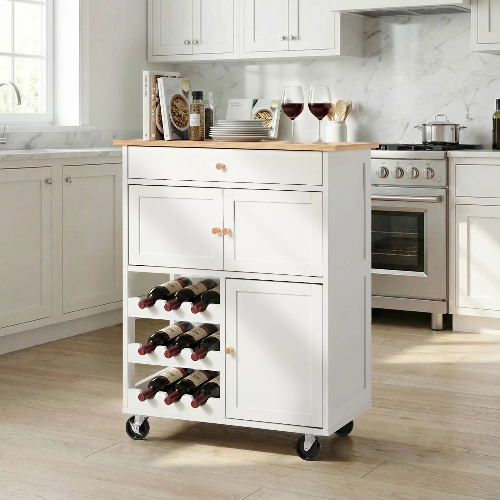 3 Oikiture Kitchen Island Trolley With Wine Rack - White, 3 of 10