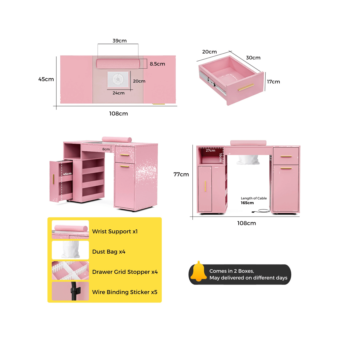 6 Advwin Manicure Table Vanity Desk With Dust Collector Glass Top Storage Cabinet
 - Pink, 6 of 9