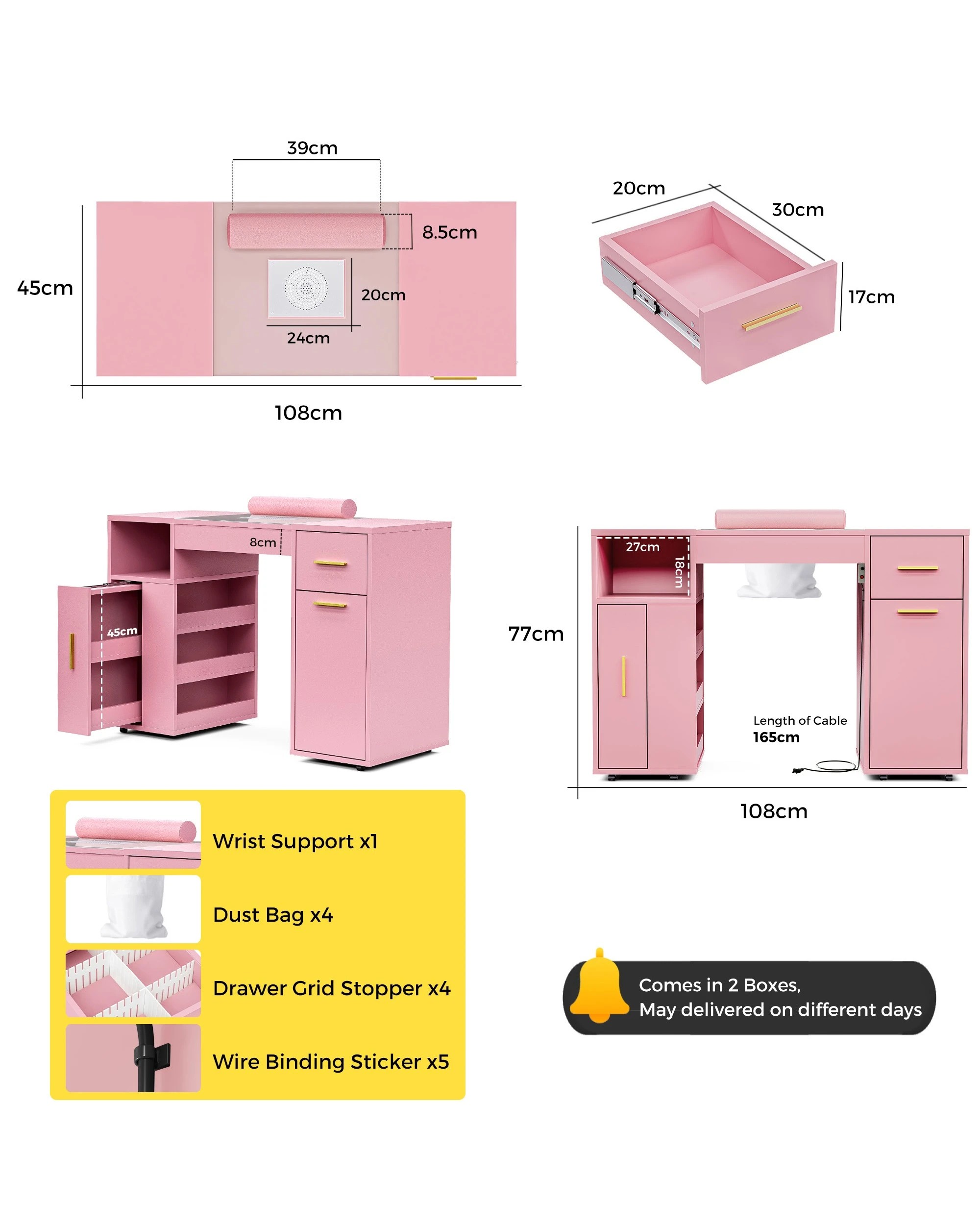 6 Advwin Manicure Table Vanity Desk With Dust Collector Glass Top Storage Cabinet
 - Pink, 6 of 9