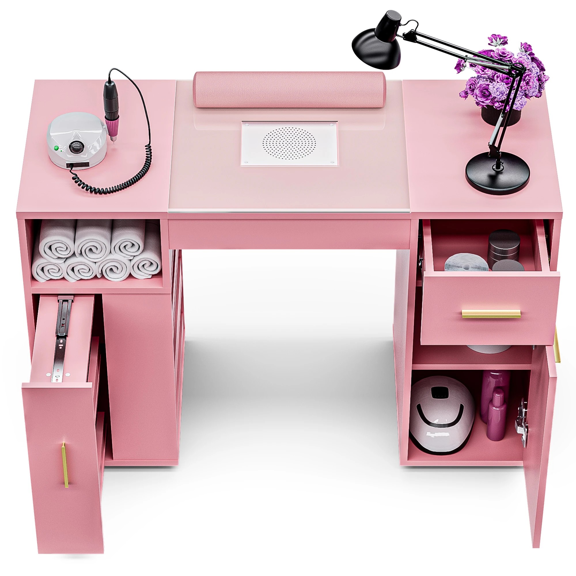 6 Advwin Manicure Table Vanity Desk With Dust Collector Glass Top Storage Cabinet
 - Pink, 6 of 9