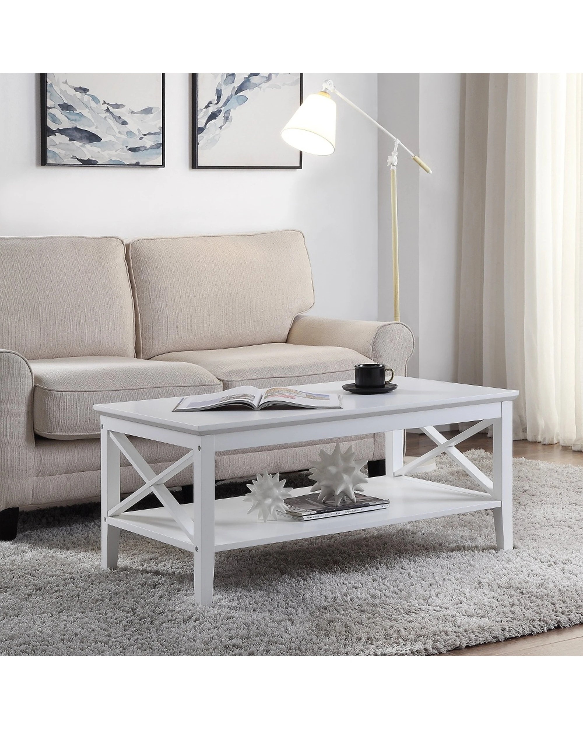 2 Alpine Bay Long Island Rectangular Coffee Table 1 Shelf Matte Storage Unit - White, 2 of 5