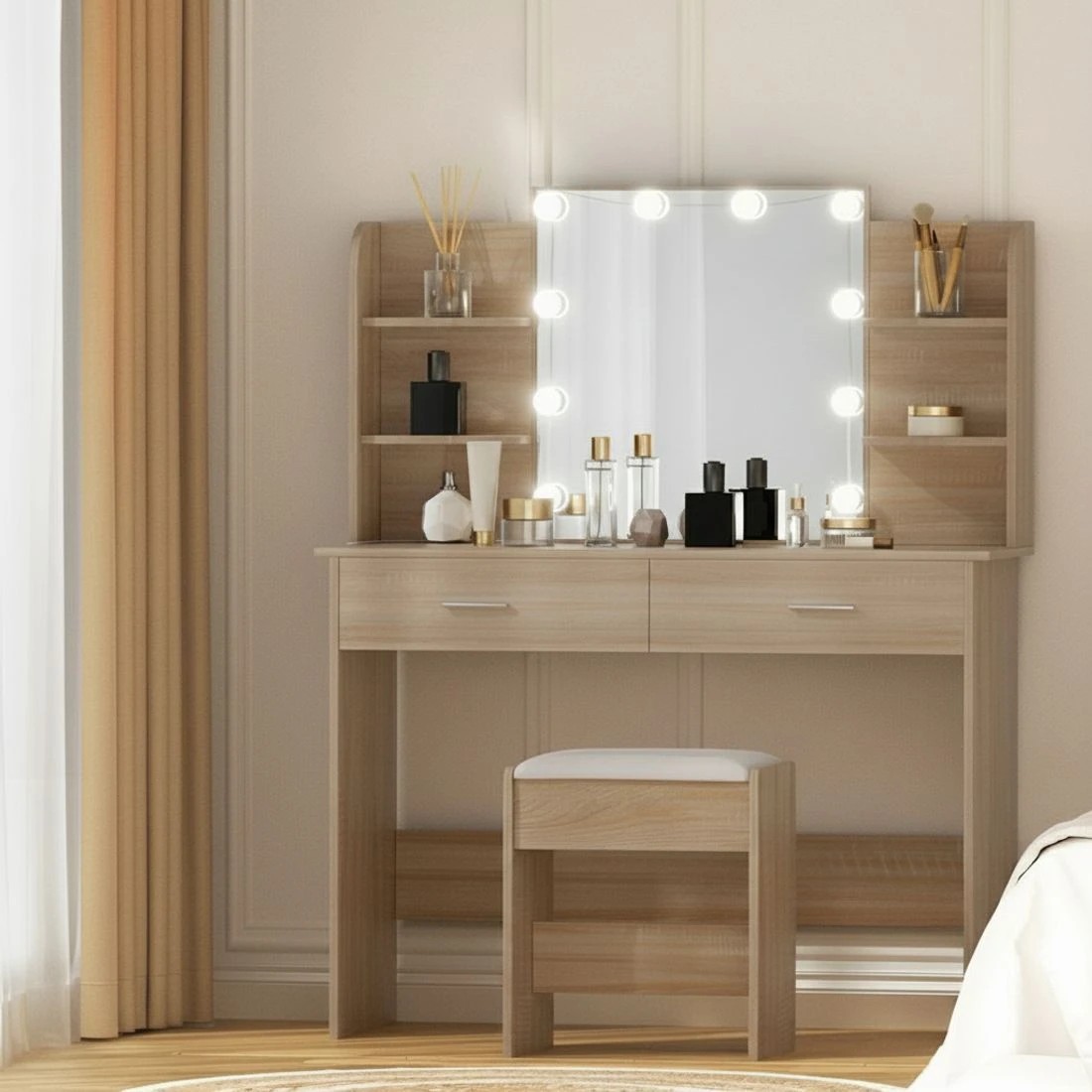 8 Artiss Dressing Table Set Stool 10 Led Bulbs Wood - Natural, 8 of 8