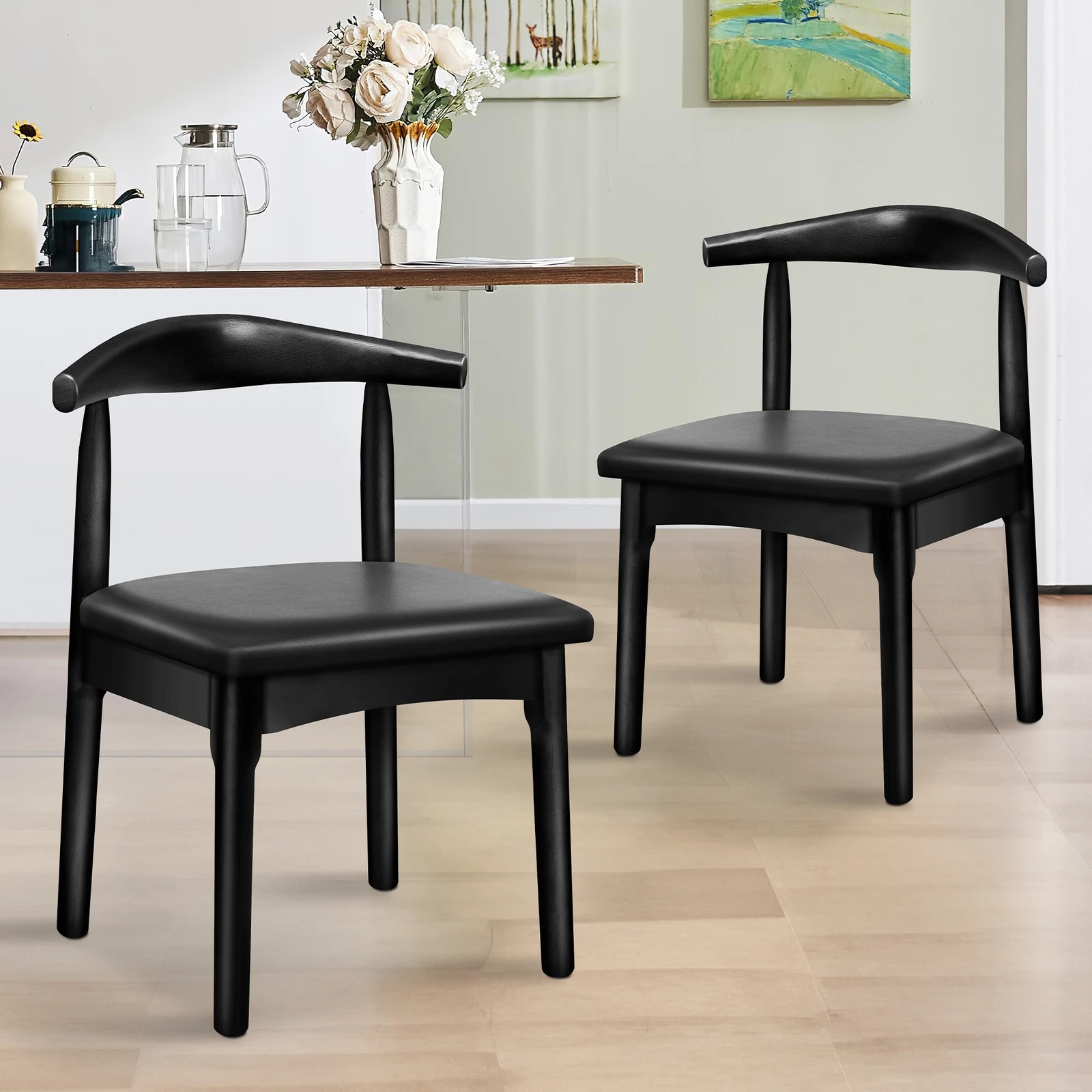 2 Alfordson 2x Dining Chair Kitchen Lounge Cafe Retro Wood PU Leather Seat - Black, 2 of 7