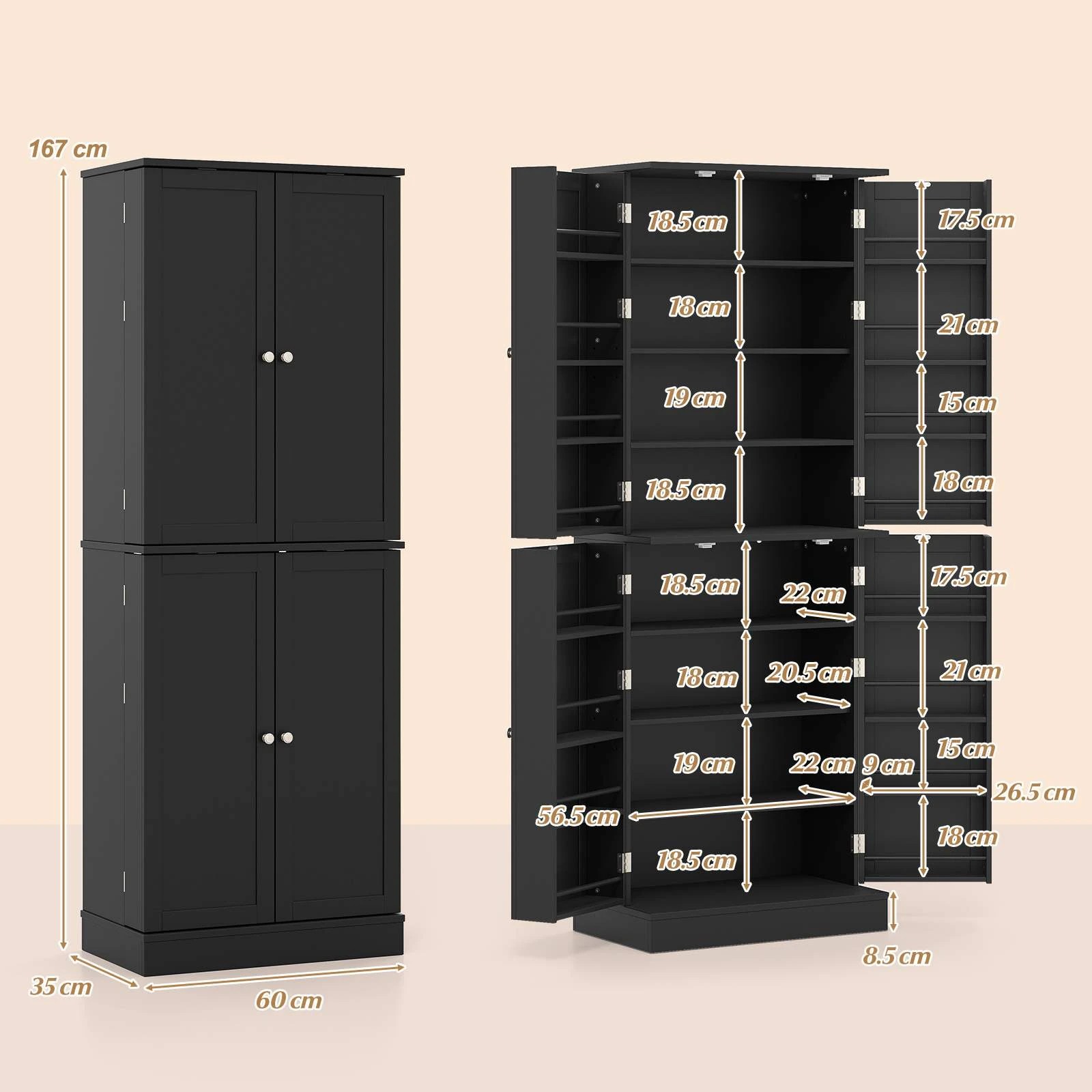 4 Costway 167CM Cupboard w/16 Door Shelves Adjustable Shelves Kitchen Pantry Cabinet - Black, 4 of 4
