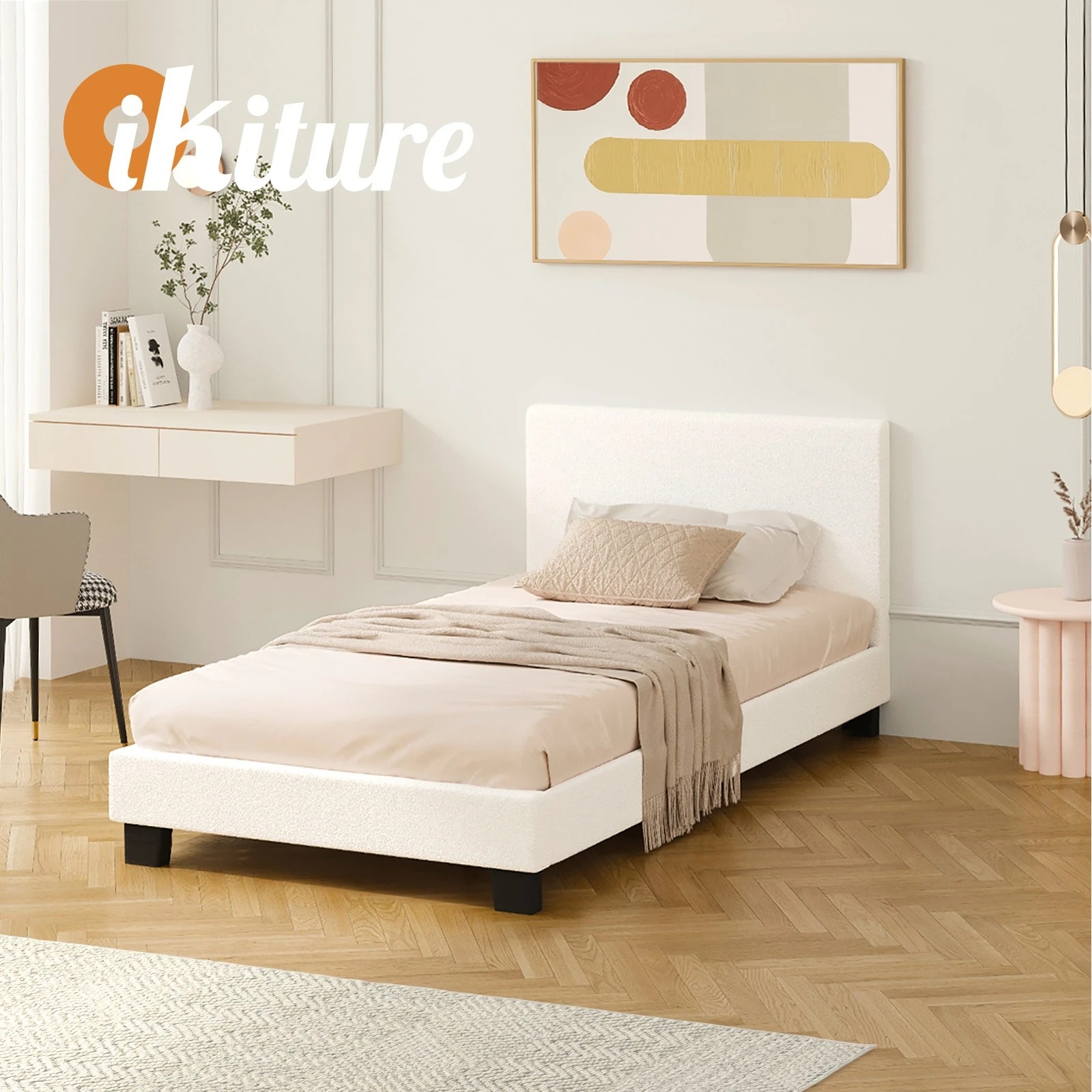 7 Oikiture Bed Frame Single Size Boucle - White, 7 of 10