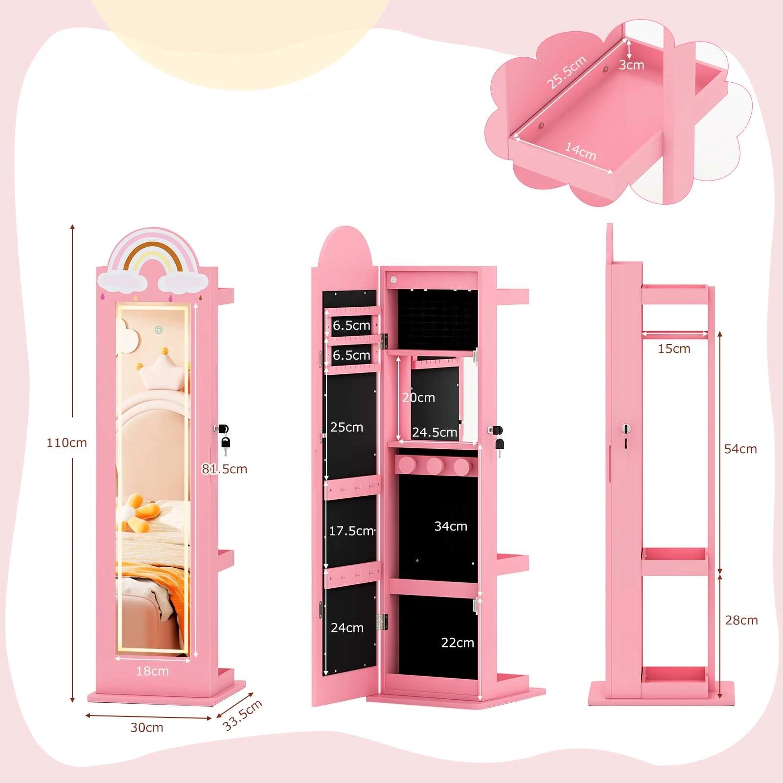 2 Costway 3-in-1 Mirror Jewellery Cabinet Jewelry Storage Organizer Princess Armoire - Pink, 2 of 3